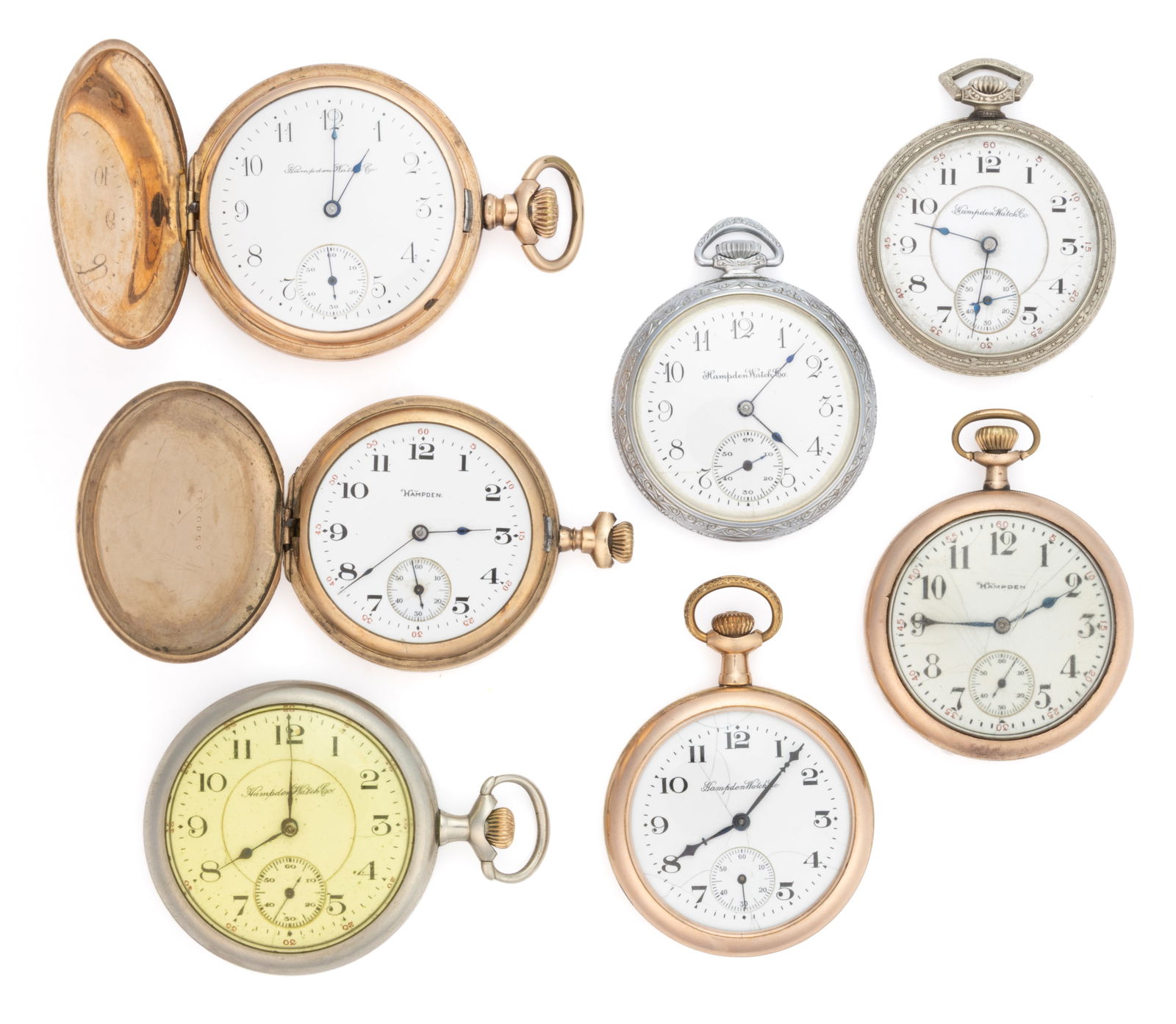 HAMPDEN 7- AND 15-JEWEL MODEL 3, 5, AND POSSIBLY OTHER POCKET WATCHES, LOT OF SEVEN (1 of 2)