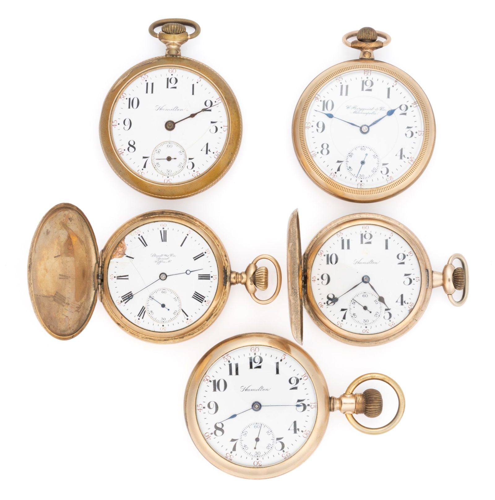 HAMILTON 17-JEWEL MODEL 1 AND 2 POCKET WATCHES, LOT OF FIVE (1 of 2)