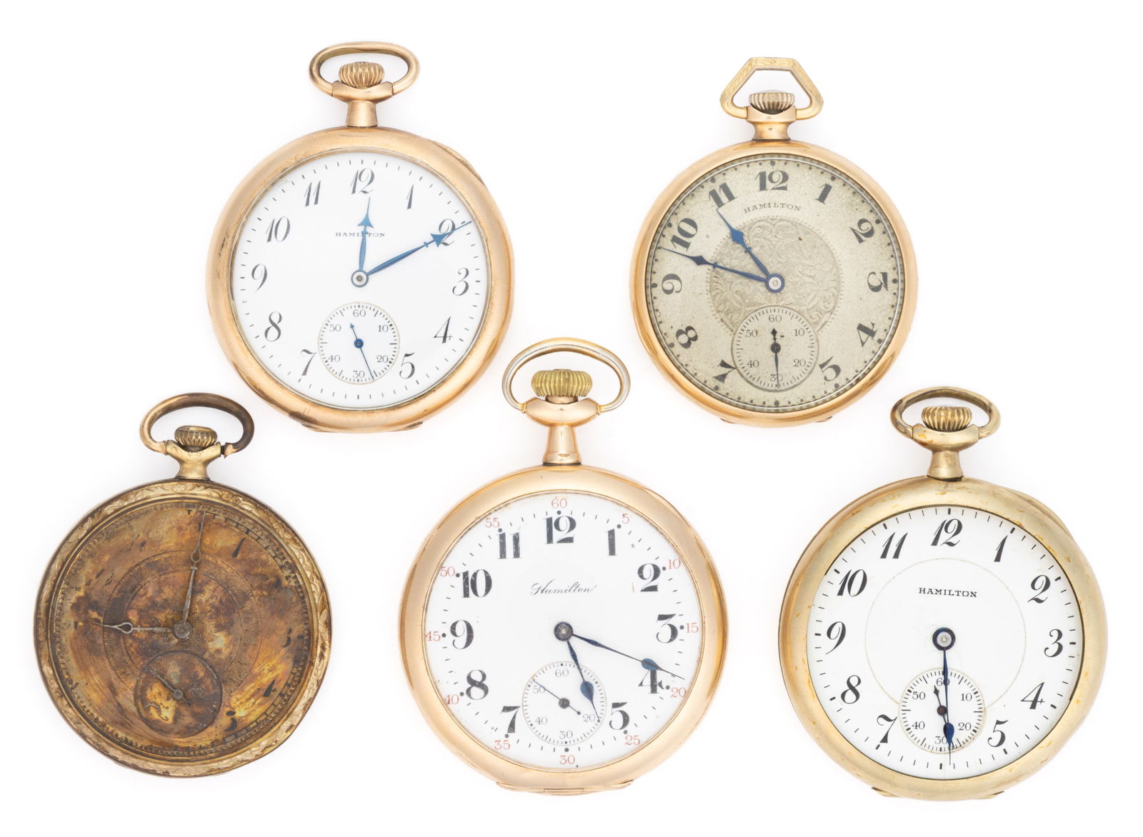 HAMILTON 17-JEWEL MODEL 1 AND 2 POCKET WATCHES, LOT OF FIVE (1 of 3)