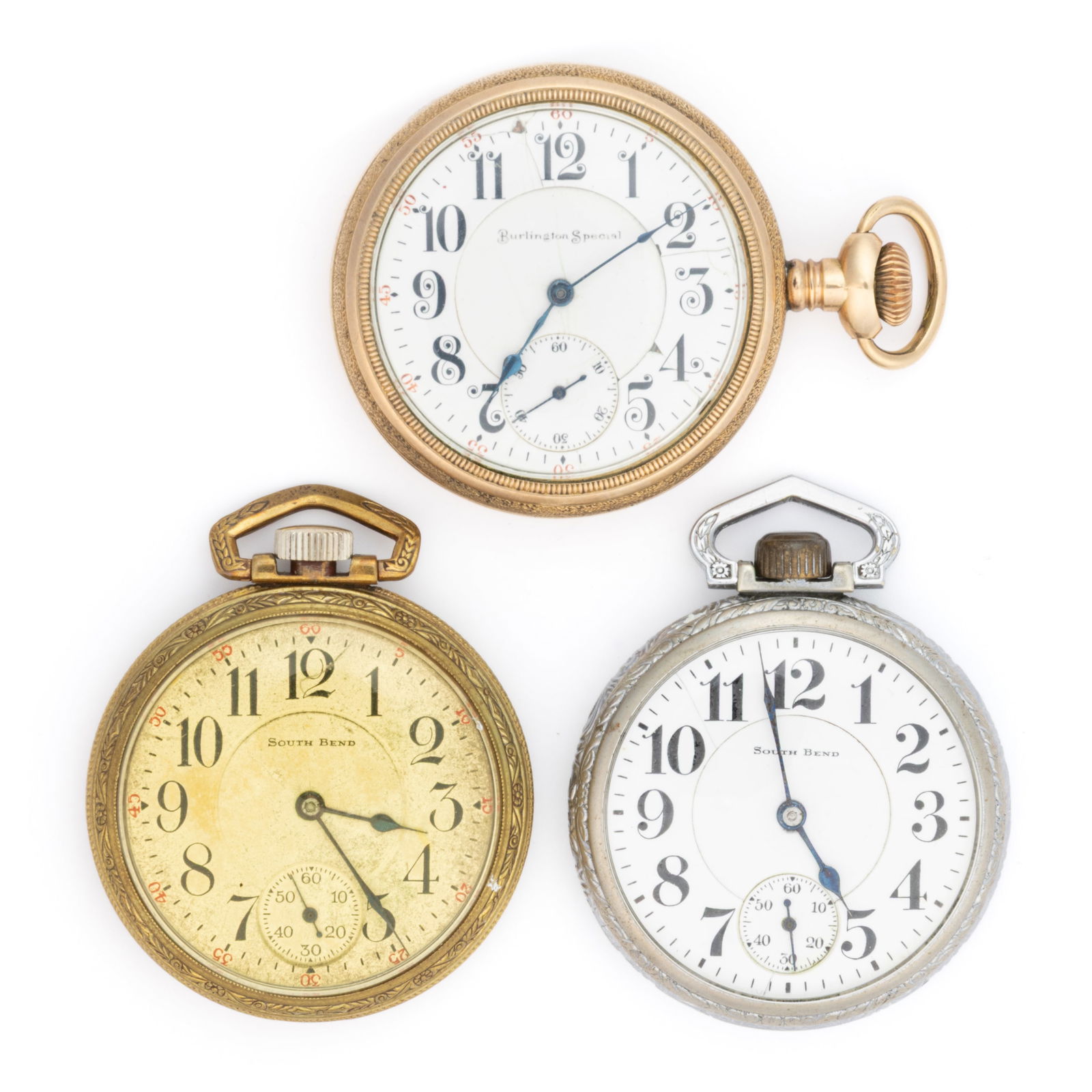ILLINOIS AND SOUTH BEND 19-JEWEL POCKET WATCHES, LOT OF THREE (1 of 2)