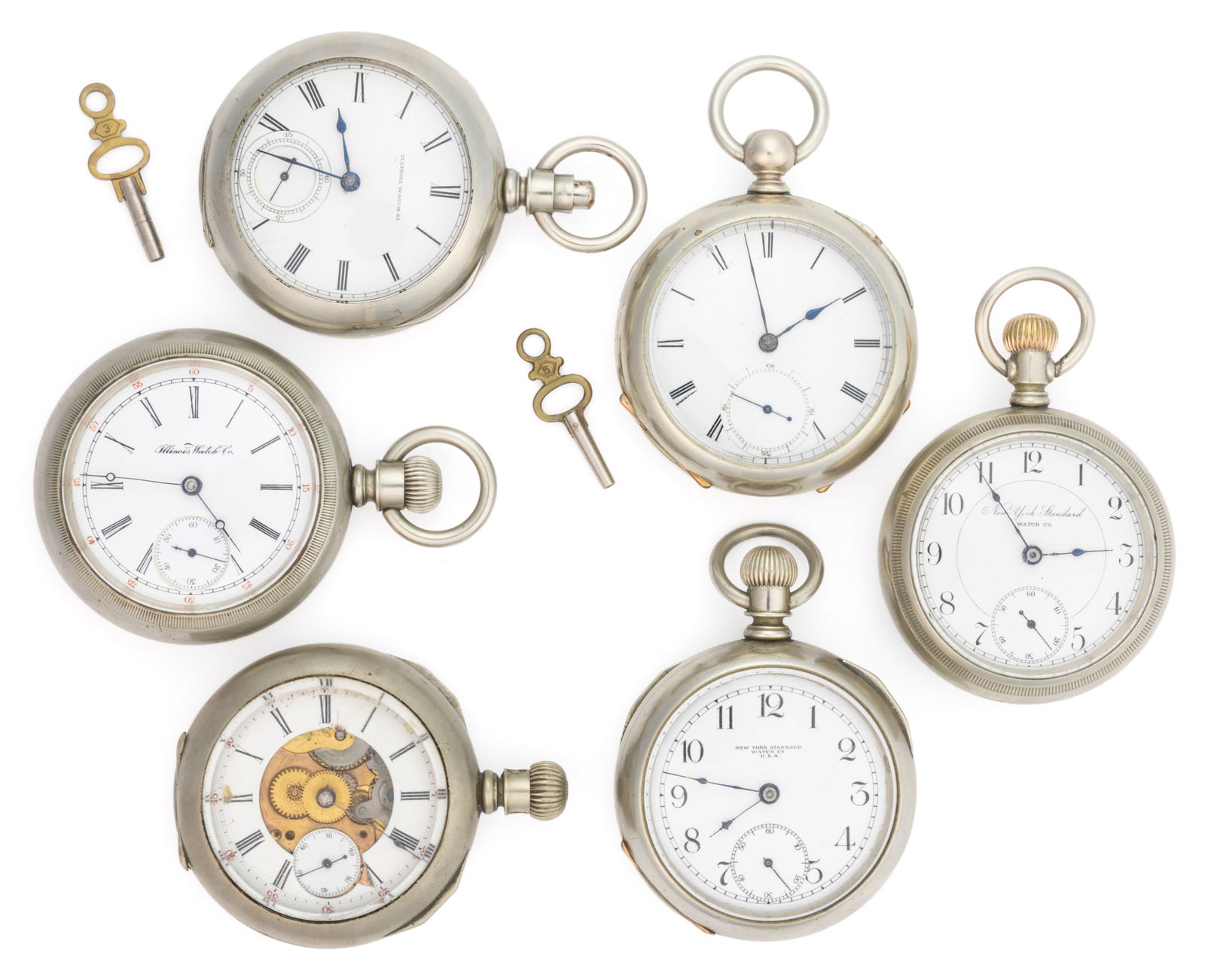 ILLINOIS AND OTHER 7- AND 11-JEWEL POCKET WATCHES, LOT OF SIX: ILLINOIS AND OTHER 7- AND 11-JEWEL POCKET WATCHES, LOT OF SIX, each with key-wind or lever-set movement, having a white enamel with Arabic or Roman chapter ring, seconds subsidiary, and blue