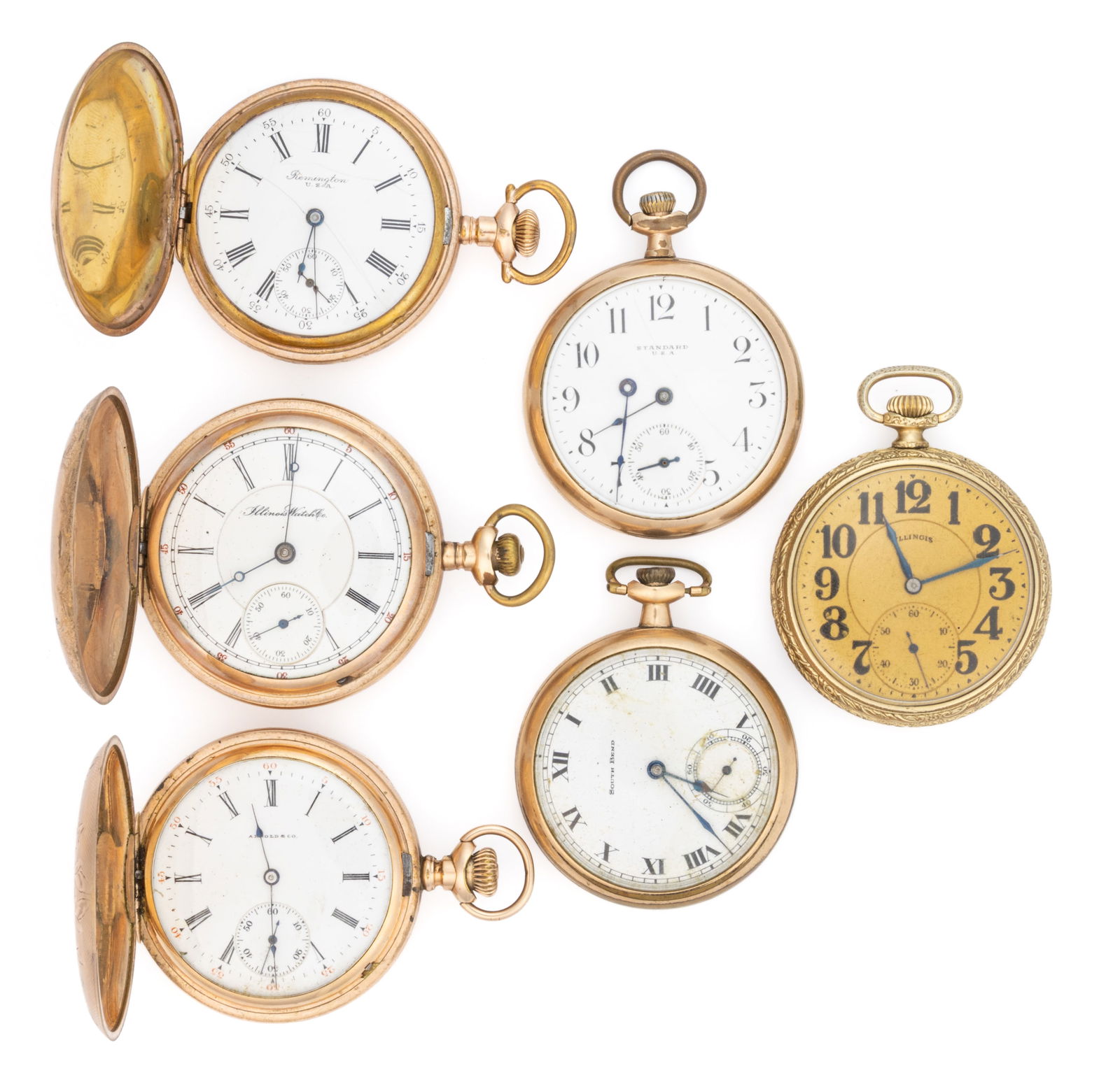 ILLINOIS AND OTHER 11-, 15-, AND 17-JEWEL POCKET WATCHES, LOT OF SIX (1 of 2)