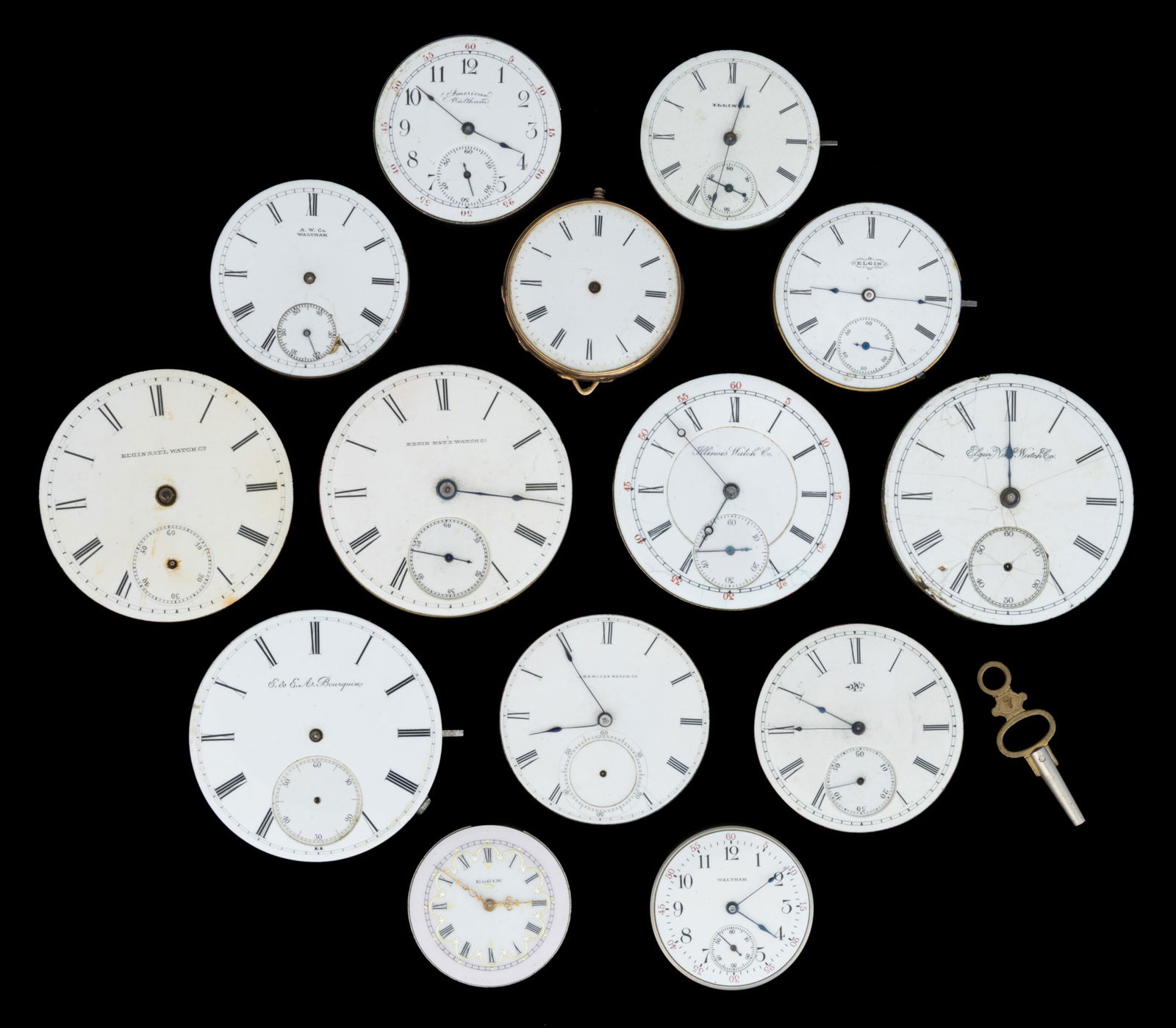 AMERICAN AND CONTINENTAL 7- to 17-JEWEL POCKET WATCH MOVEMENTS WITH DIALS, LOT OF 14 (1 of 2)
