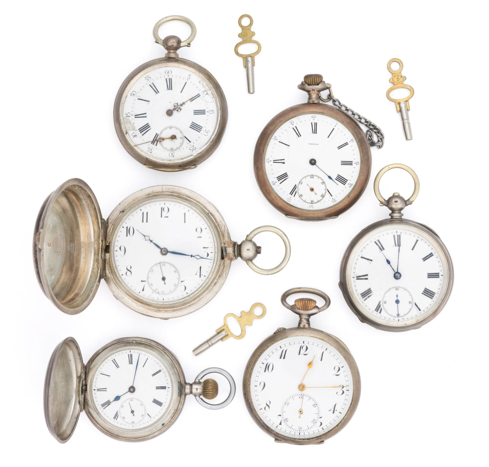 CONTINENTAL 0.800 AND 0.875 SILVER-CASED POCKET WATCHES, LOT OF SIX (1 of 2)
