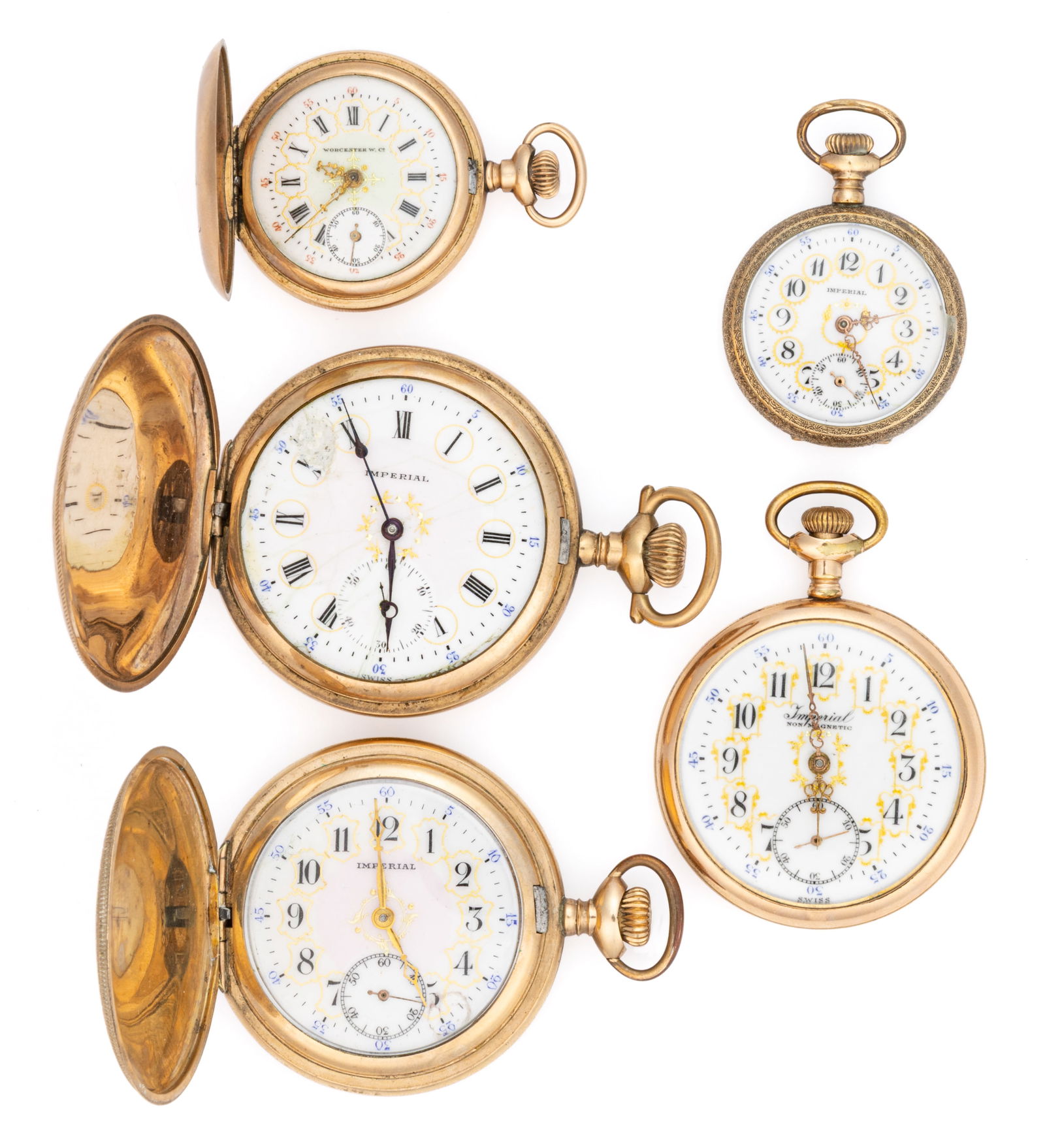SWISS FANCY DIAL POCKET WATCHES, LOT OF FIVE (1 of 2)