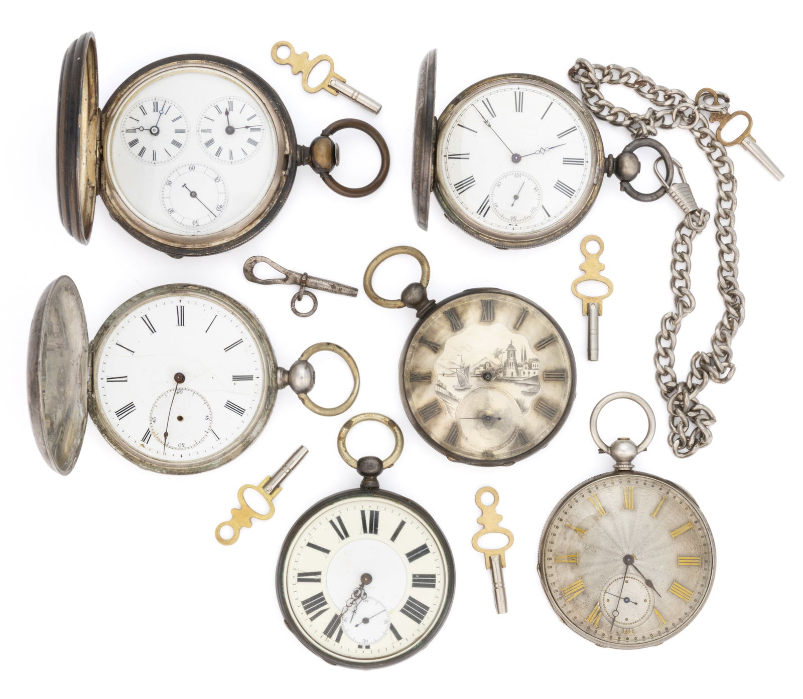 SWISS, AND POSSIBLY OTHER, KEY-WIND POCKET WATCHES, LOT OF SIX (1 of 2)