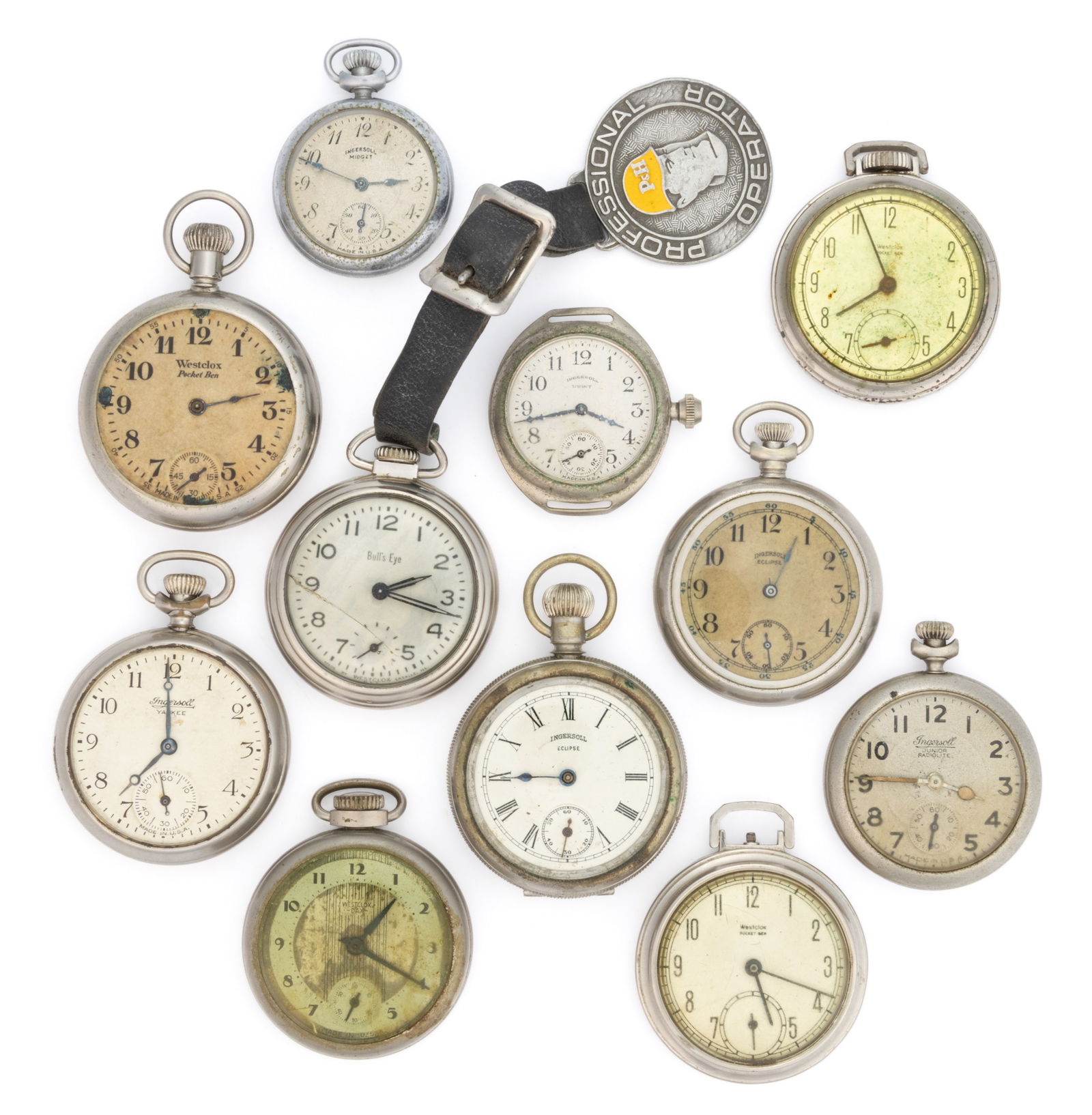 INGERSOLL AND WESTCLOX POCKET WATCHES AND RELATED ARTICLES, LOT OF 11 (1 of 2)