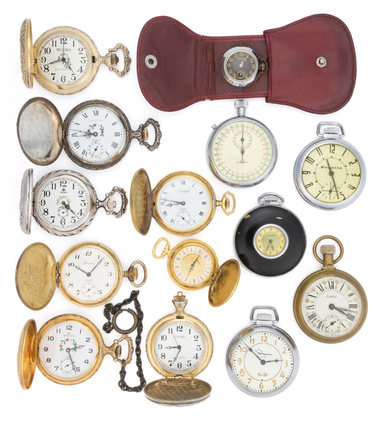 INGRAHAM AND OTHER POCKET WATCHES AND STOPWATCH, LOT OF 14 (1 of 2)