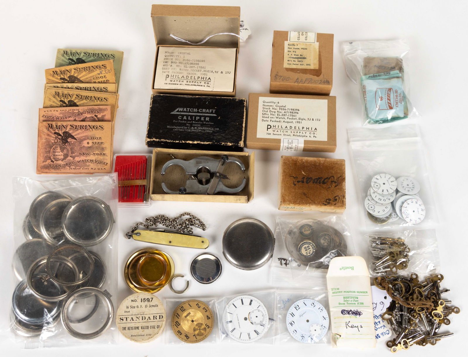 ASSORTED POCKET WATCH DIALS, CRYSTALS, PARTS, AND OTHER ARTICLES, UNCOUNTED LOT (1 of 1)