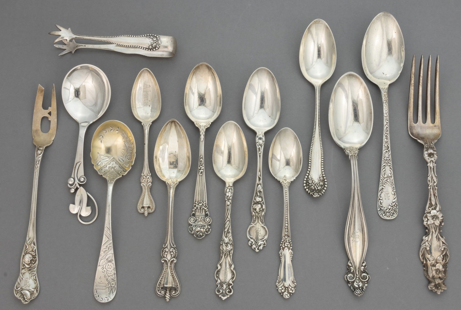 GORHAM AND OTHER STERLING SILVER FLATWARE AND SERVING UTENSILS, LOT OF 14 (1 of 1)