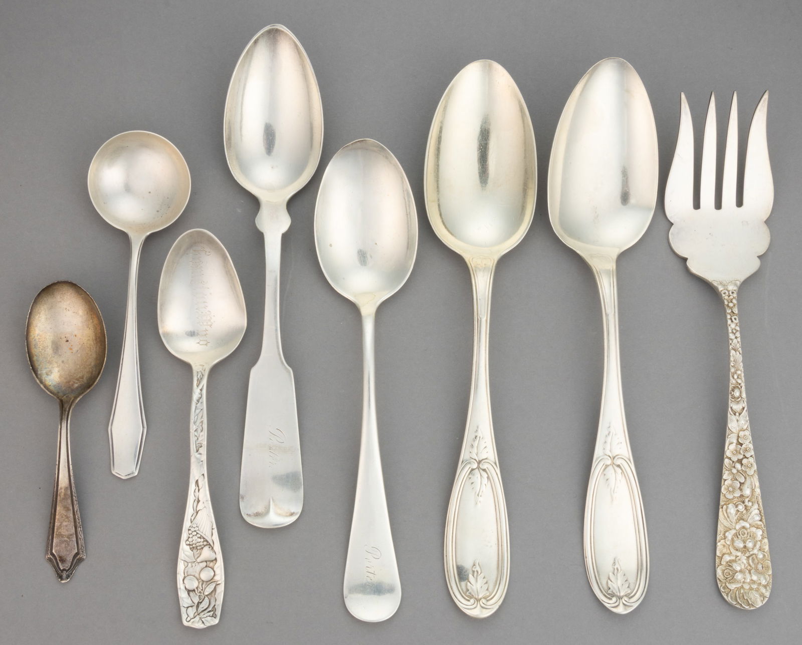 STIEFF AND OTHER STERLING AND COIN SILVER FLATWARE AND SERVING UTENSILS, LOT OF EIGHT (1 of 1)