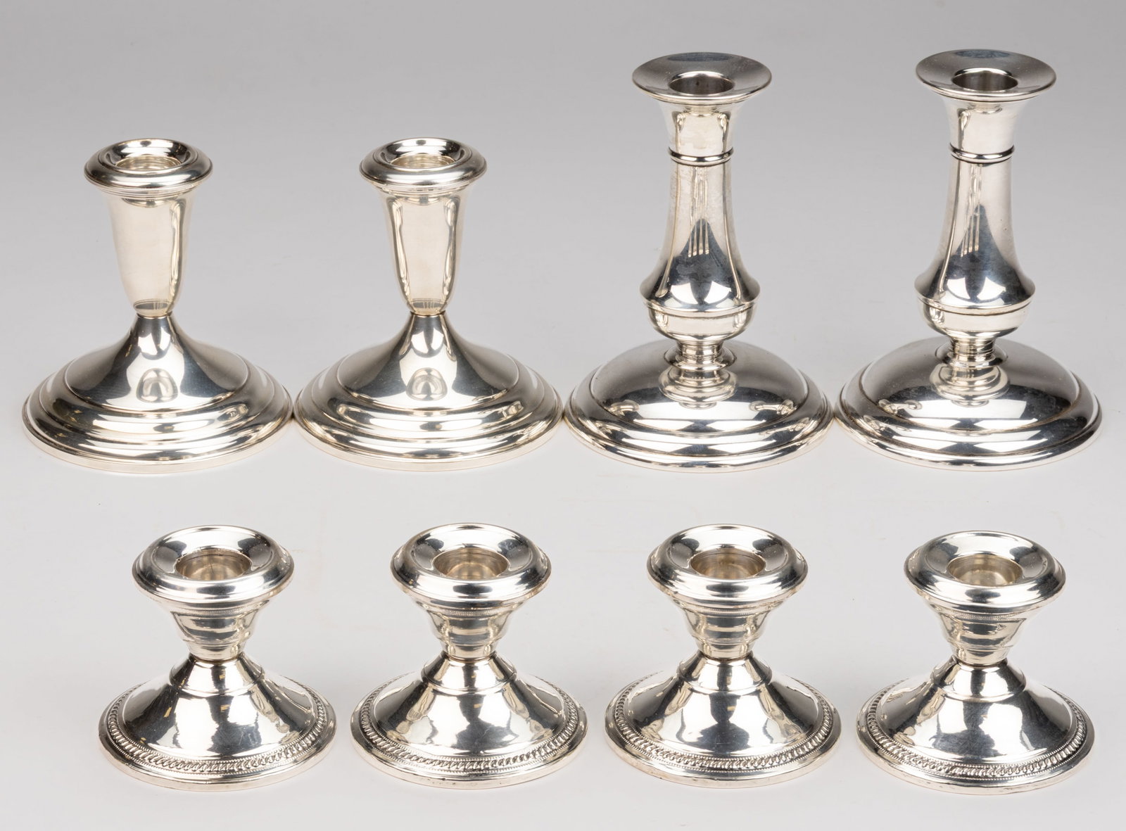 TOWLE AND OTHER WEIGHTED STERLING SILVER SHORT CANDLESTICKS / CANDLEHOLDERS, LOT OF EIGHT (1 of 2)