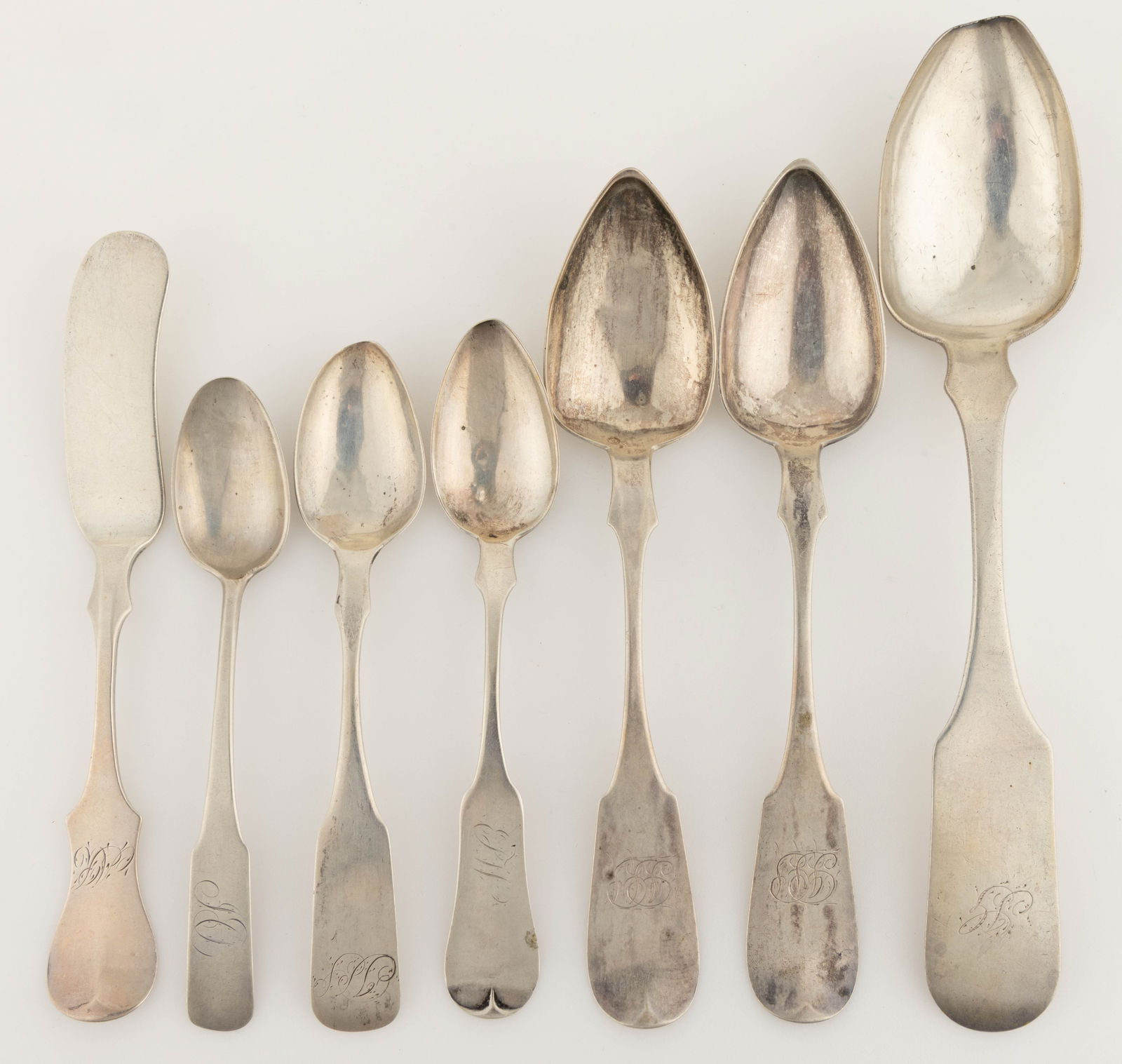 VIRGINIA AND OTHER COIN SILVER SPOONS AND BUTTER KNIFE, LOT OF SEVEN (1 of 2)