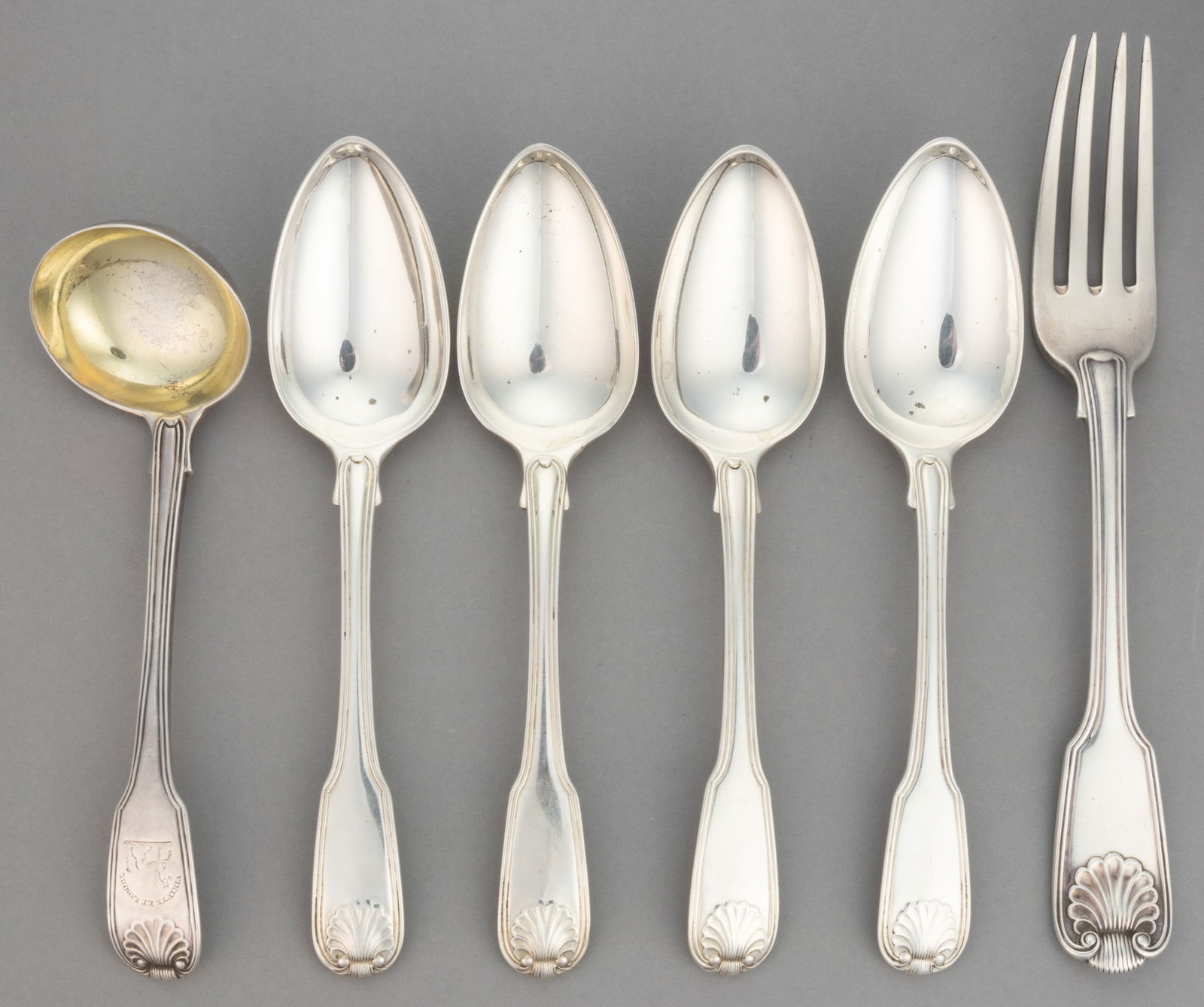 WILLIAM ELEY I & WILLIAM FEARN, ENGLISH GEORGIAN STERLING SILVER FLATWARE AND LADLE, LOT OF SIX (1 of 2)