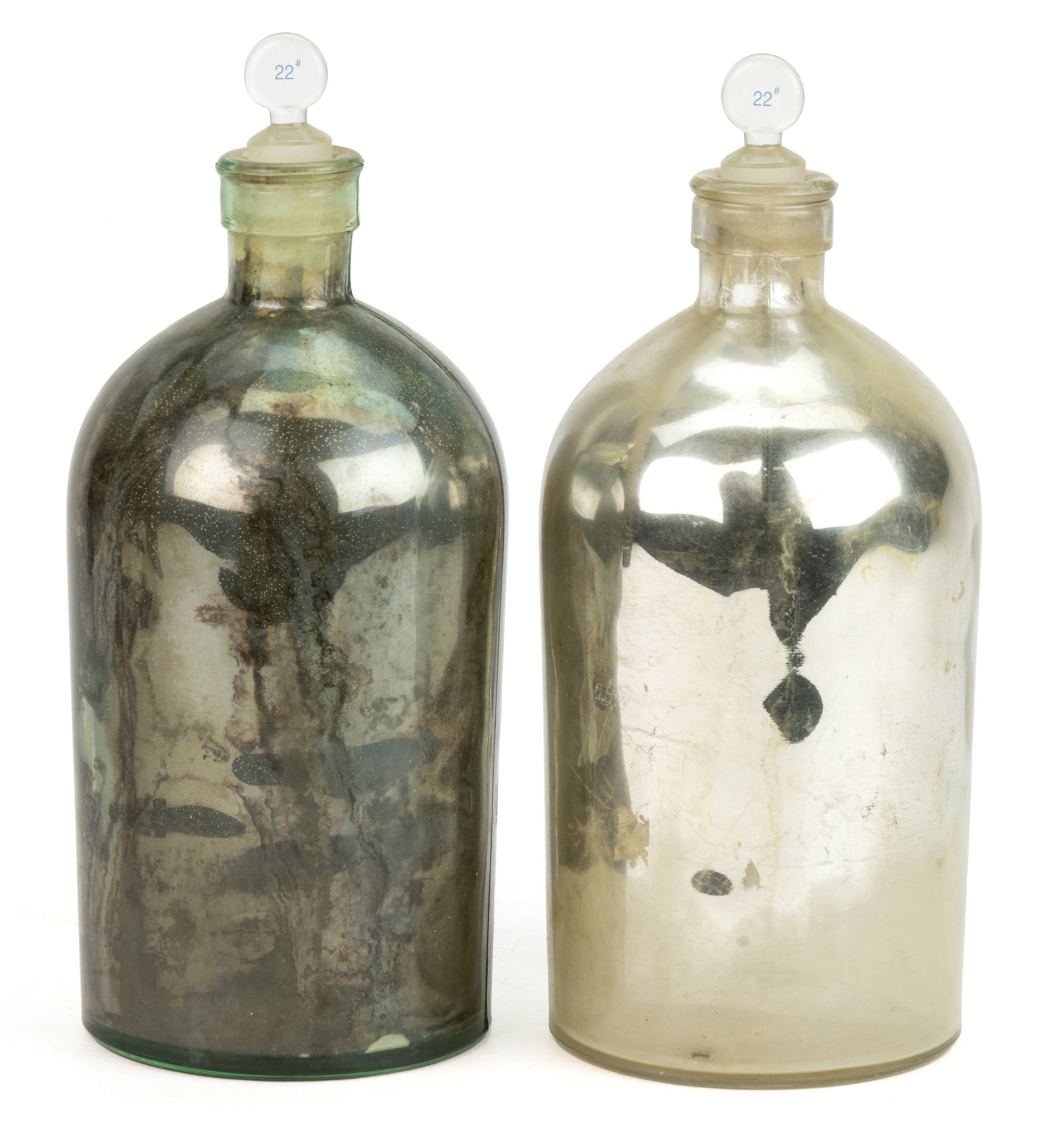 ASSORTED MERCURY / SILVERED GLASS APOTHECARY JARS WITH STOPPERS, LOT OF TWO (1 of 1)