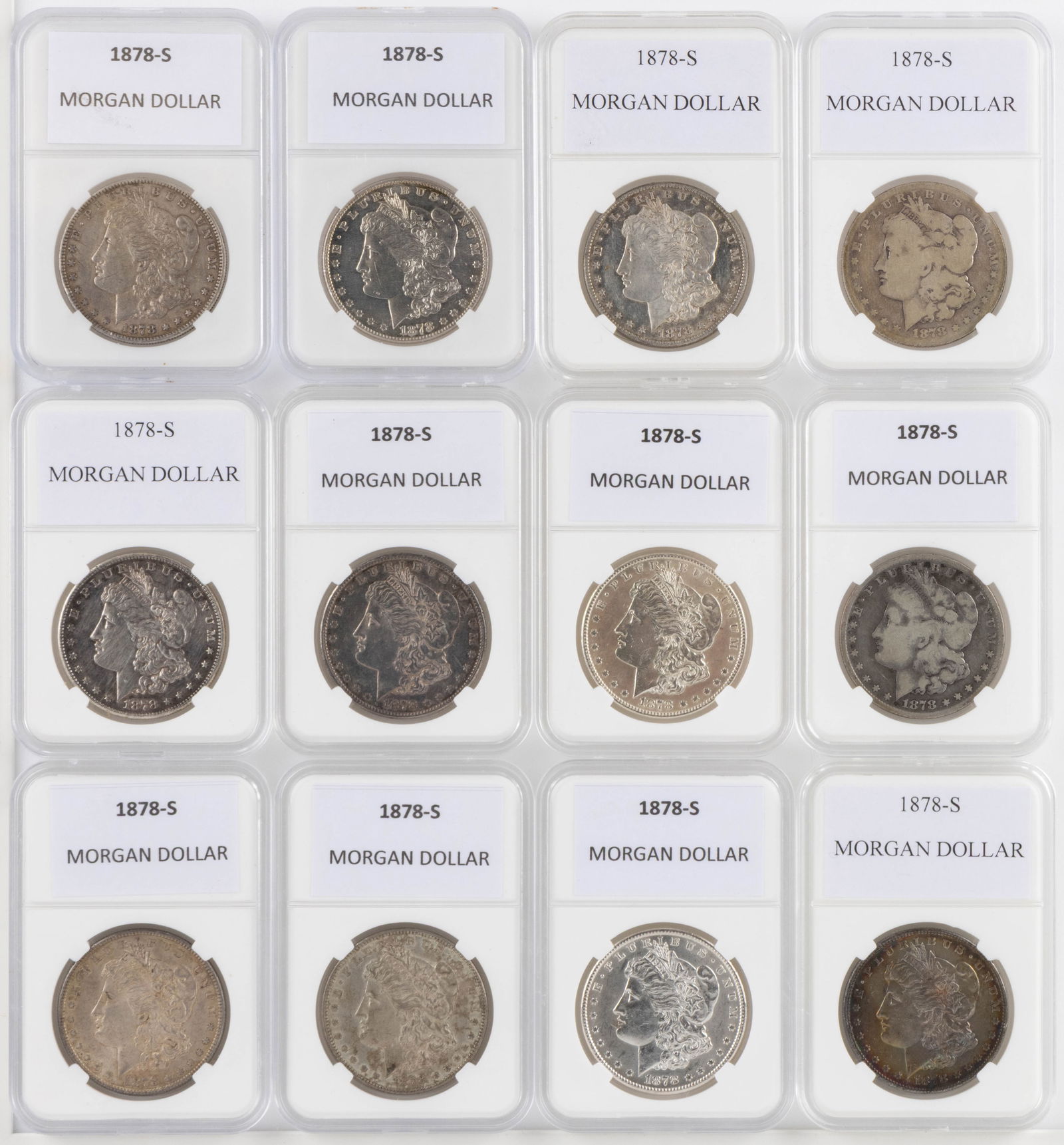 UNITED STATES 1878-S MORGAN SILVER DOLLAR COINS, LOT OF 12 (1 of 2)