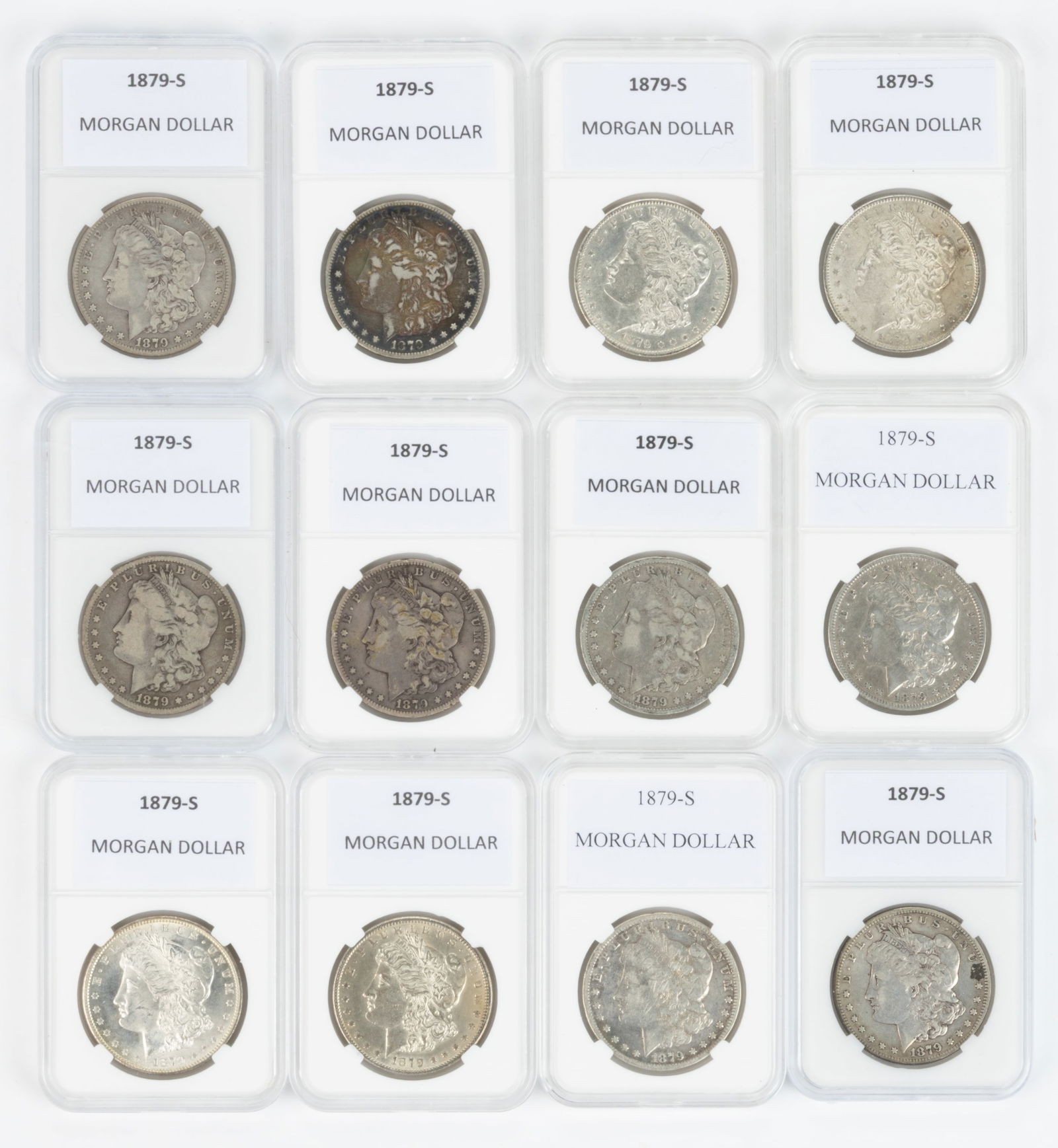 UNITED STATES 1879-S MORGAN SILVER DOLLAR COINS, LOT OF 12 (1 of 2)