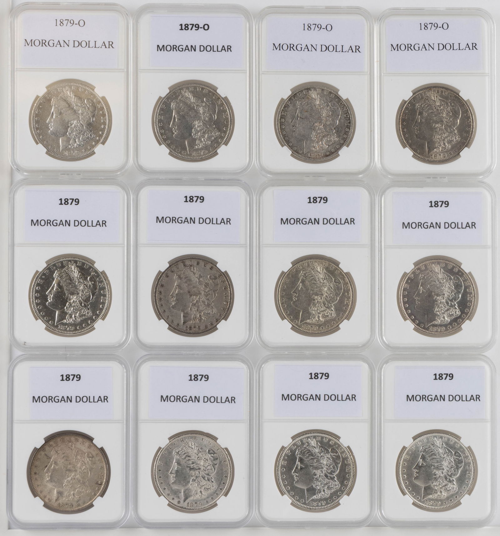 ASSORTED UNITED STATES 1879 MORGAN SILVER DOLLAR COINS, LOT OF 12 (1 of 2)