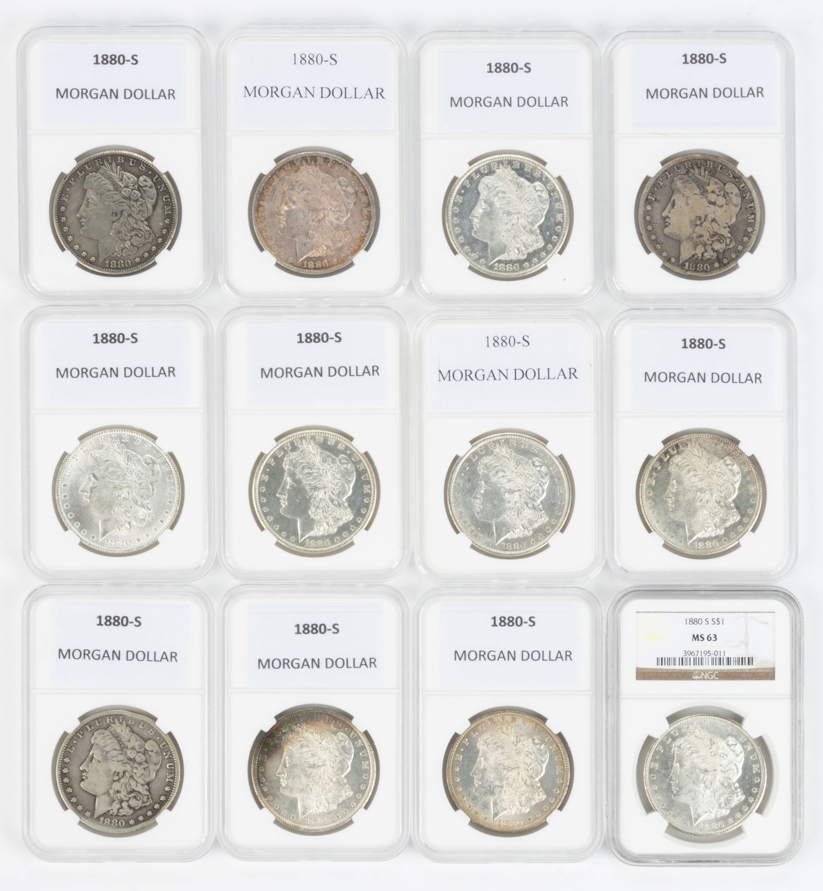 UNITED STATES 1880-S MORGAN SILVER DOLLAR COINS, LOT OF 12 (1 of 2)