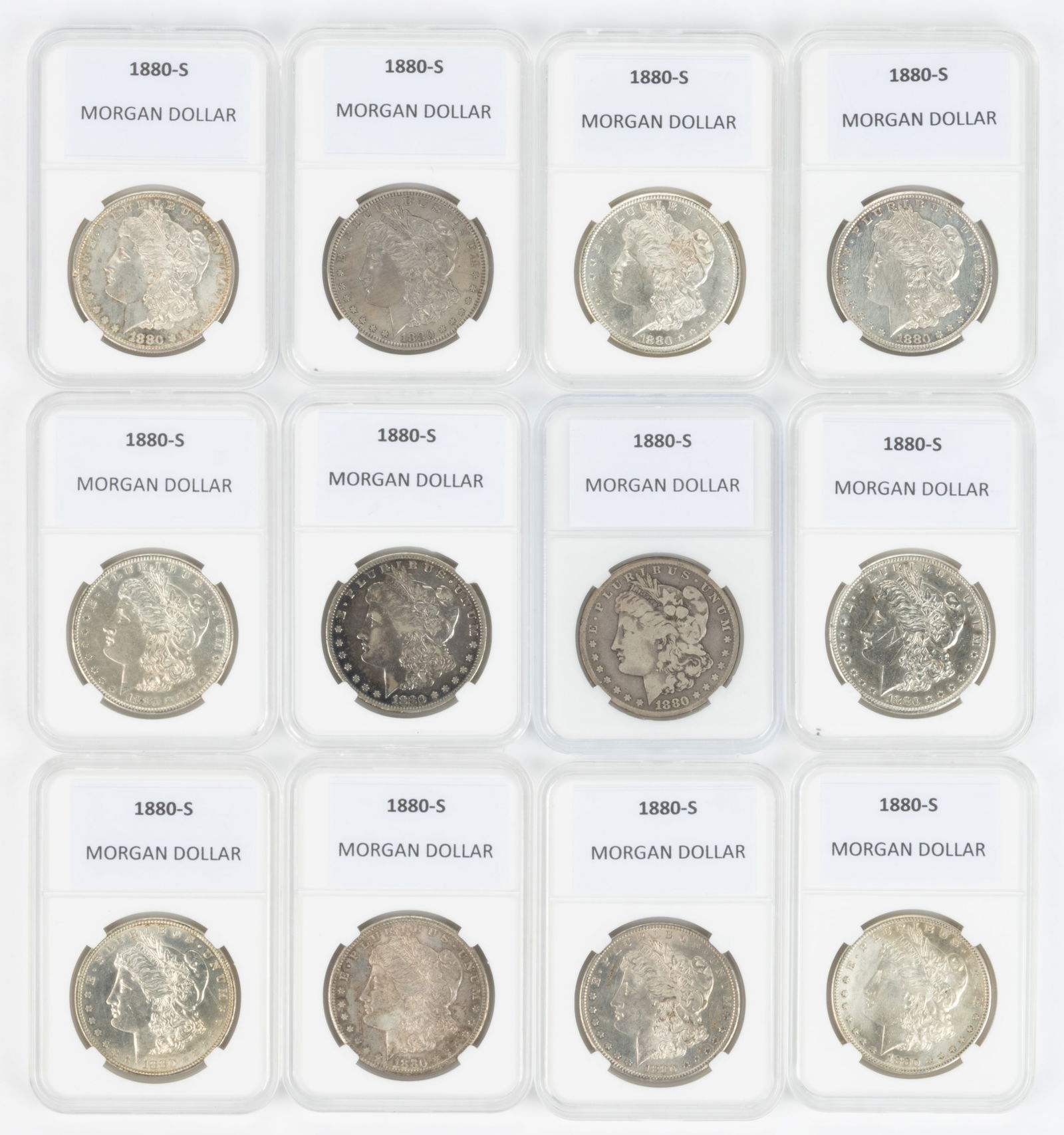 UNITED STATES 1880-S MORGAN SILVER DOLLAR COINS, LOT OF 12 (1 of 2)