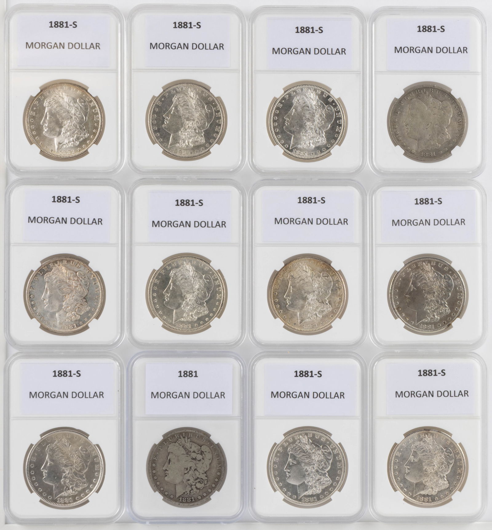 ASSORTED UNITED STATES 1881 MORGAN SILVER DOLLAR COINS, LOT OF 12 (1 of 2)