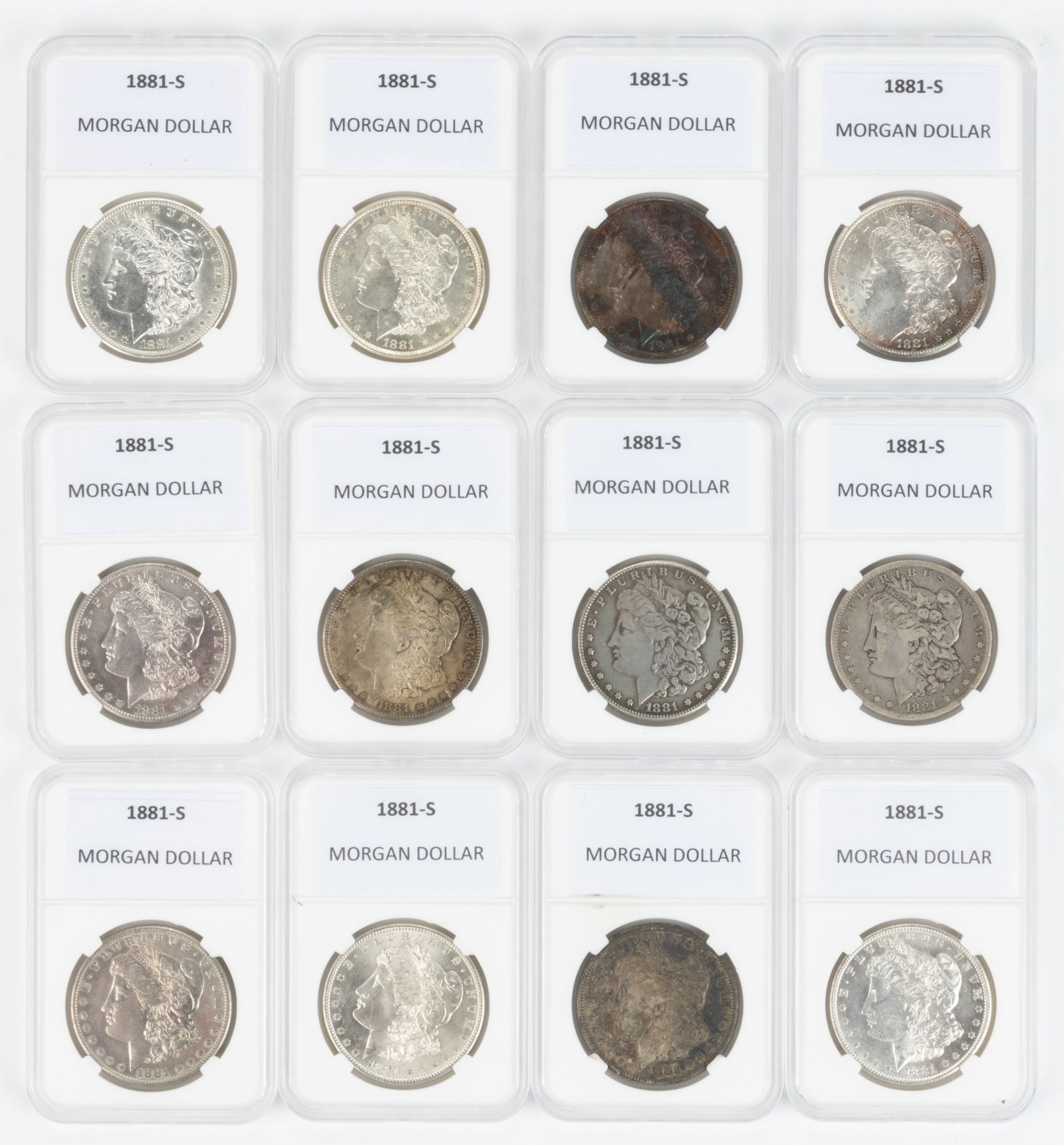 UNITED STATES 1881-S MORGAN SILVER DOLLAR COINS, LOT OF 12: UNITED STATES 1881-S MORGAN SILVER DOLLAR COINS, LOT OF 12, each housed in a plastic presentation case. Provenance: From the collection of a prominent Northern VA gentleman.