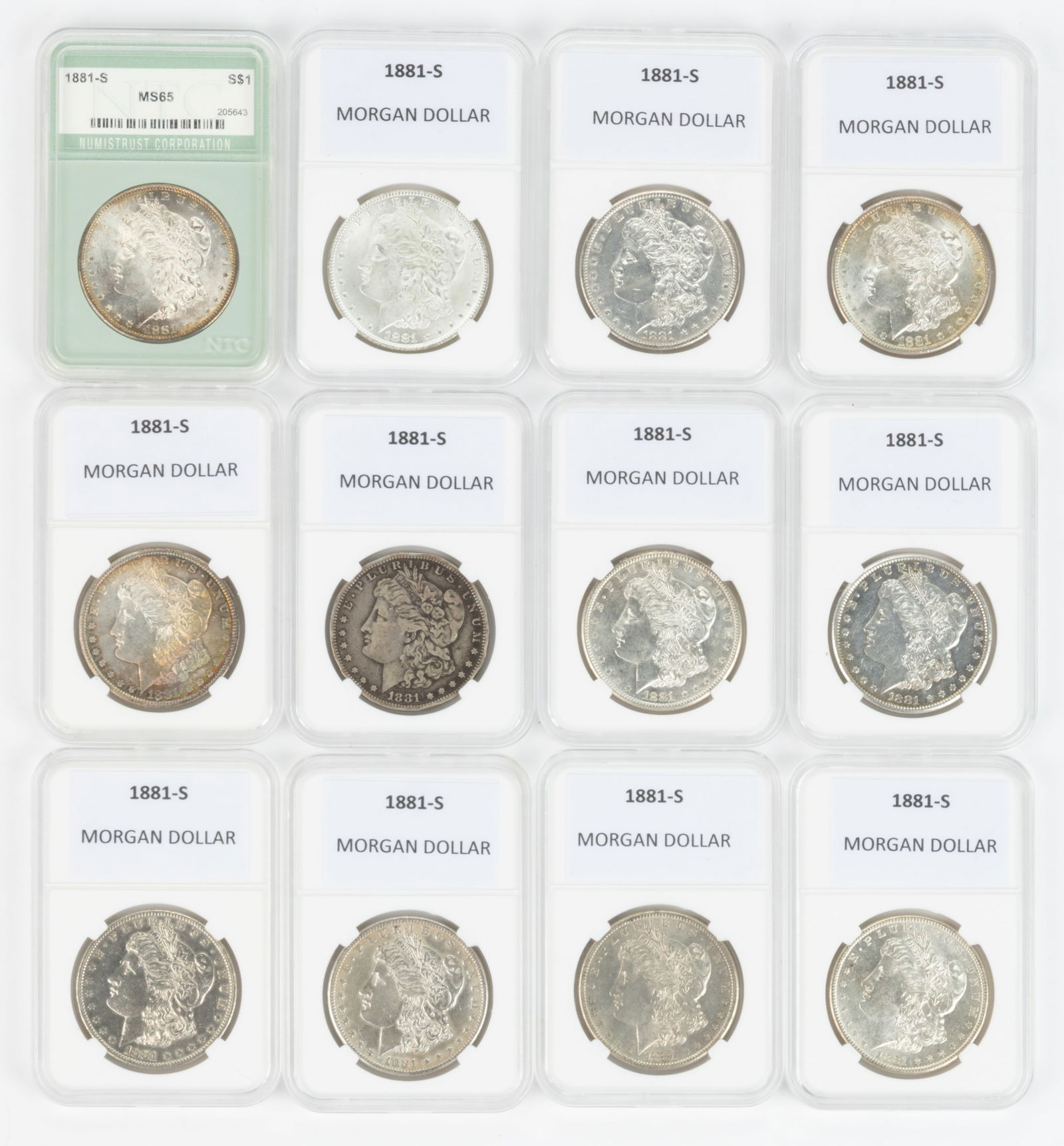 UNITED STATES 1881-S MORGAN SILVER DOLLAR COINS, LOT OF 12 (1 of 2)