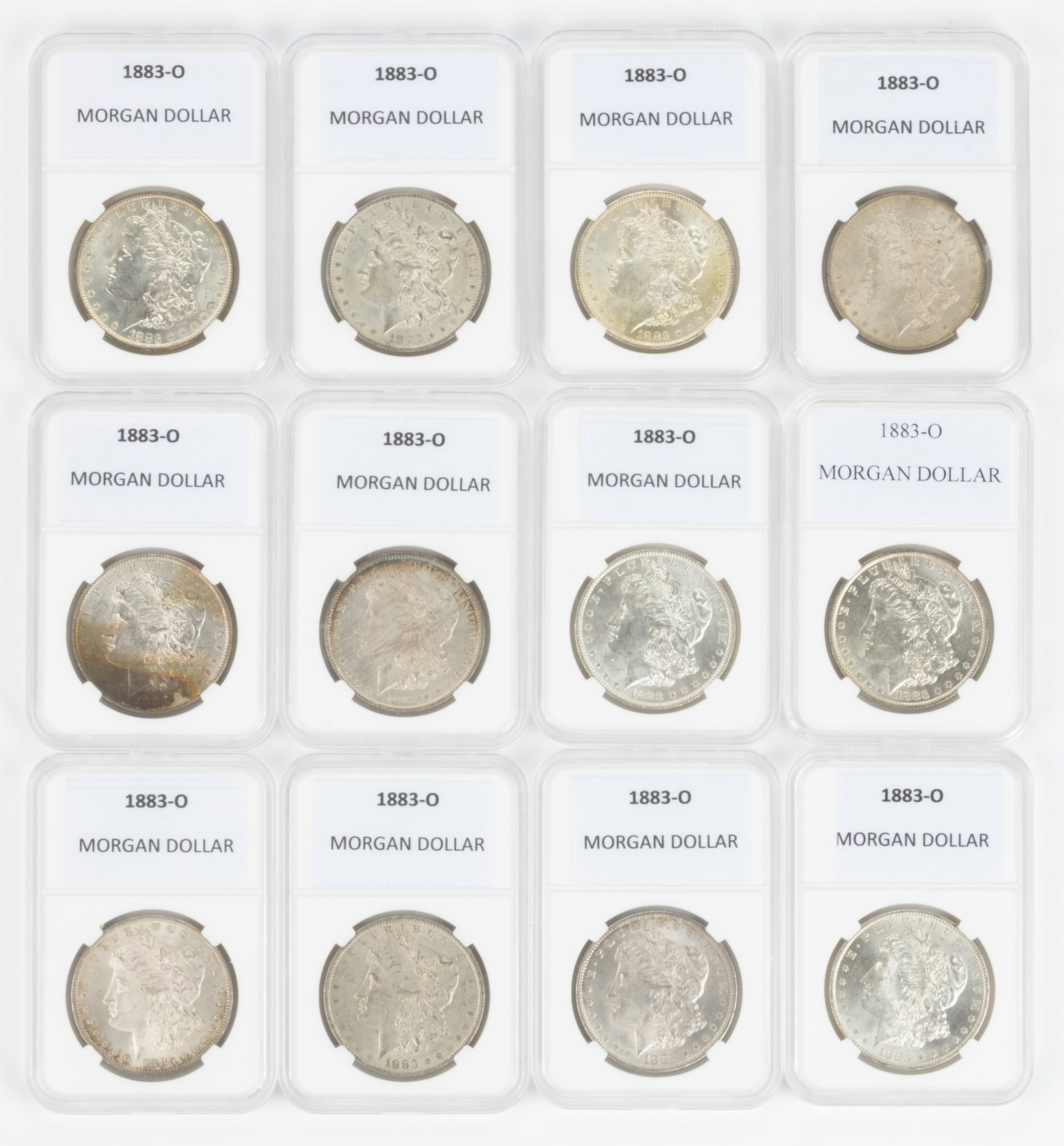 UNITED STATES 1883-O MORGAN SILVER DOLLAR COINS, LOT OF 12: UNITED STATES 1883-O MORGAN SILVER DOLLAR COINS, LOT OF 12, each housed in a plastic presentation case. Provenance: From the collection of a prominent Northern VA gentleman.