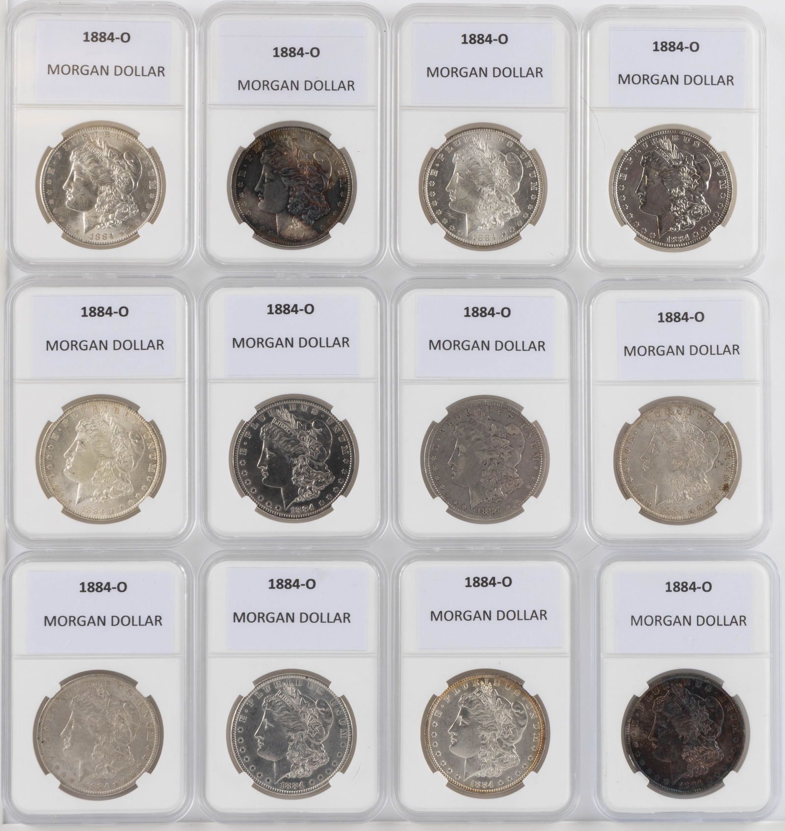 UNITED STATES 1884-O MORGAN SILVER DOLLAR COINS, LOT OF 12: UNITED STATES 1884-O MORGAN SILVER DOLLAR COINS, LOT OF 12, each housed in a plastic presentation case. Provenance: From the collection of a prominent Northern VA gentleman.