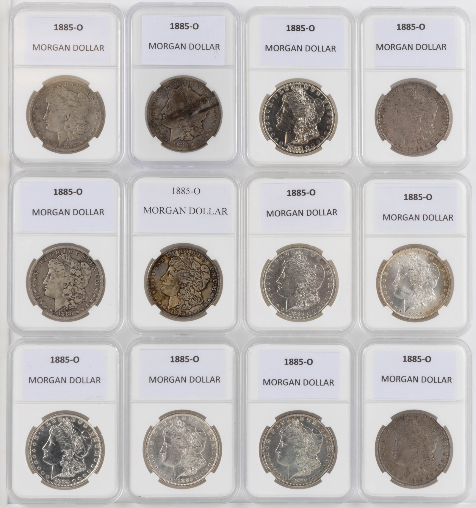 UNITED STATES 1885-O MORGAN SILVER DOLLAR COINS, LOT OF 12: UNITED STATES 1885-O MORGAN SILVER DOLLAR COINS, LOT OF 12, each housed in a plastic presentation case. Provenance: From the collection of a prominent Northern VA gentleman.