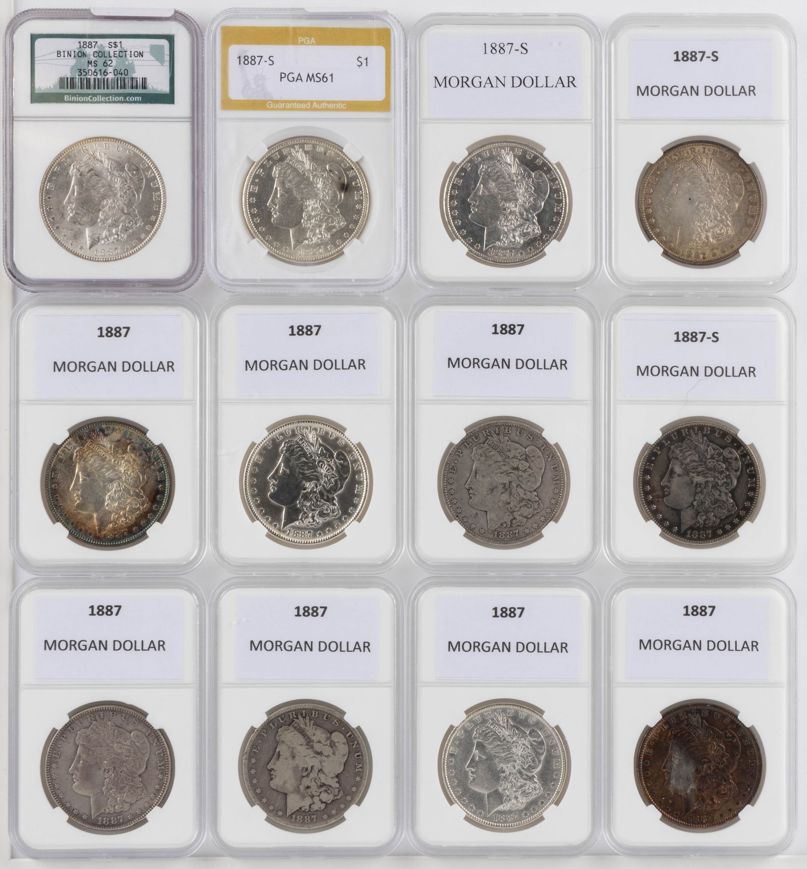 ASSORTED UNITED STATES 1887 MORGAN SILVER DOLLAR COINS, LOT OF 12 (1 of 2)