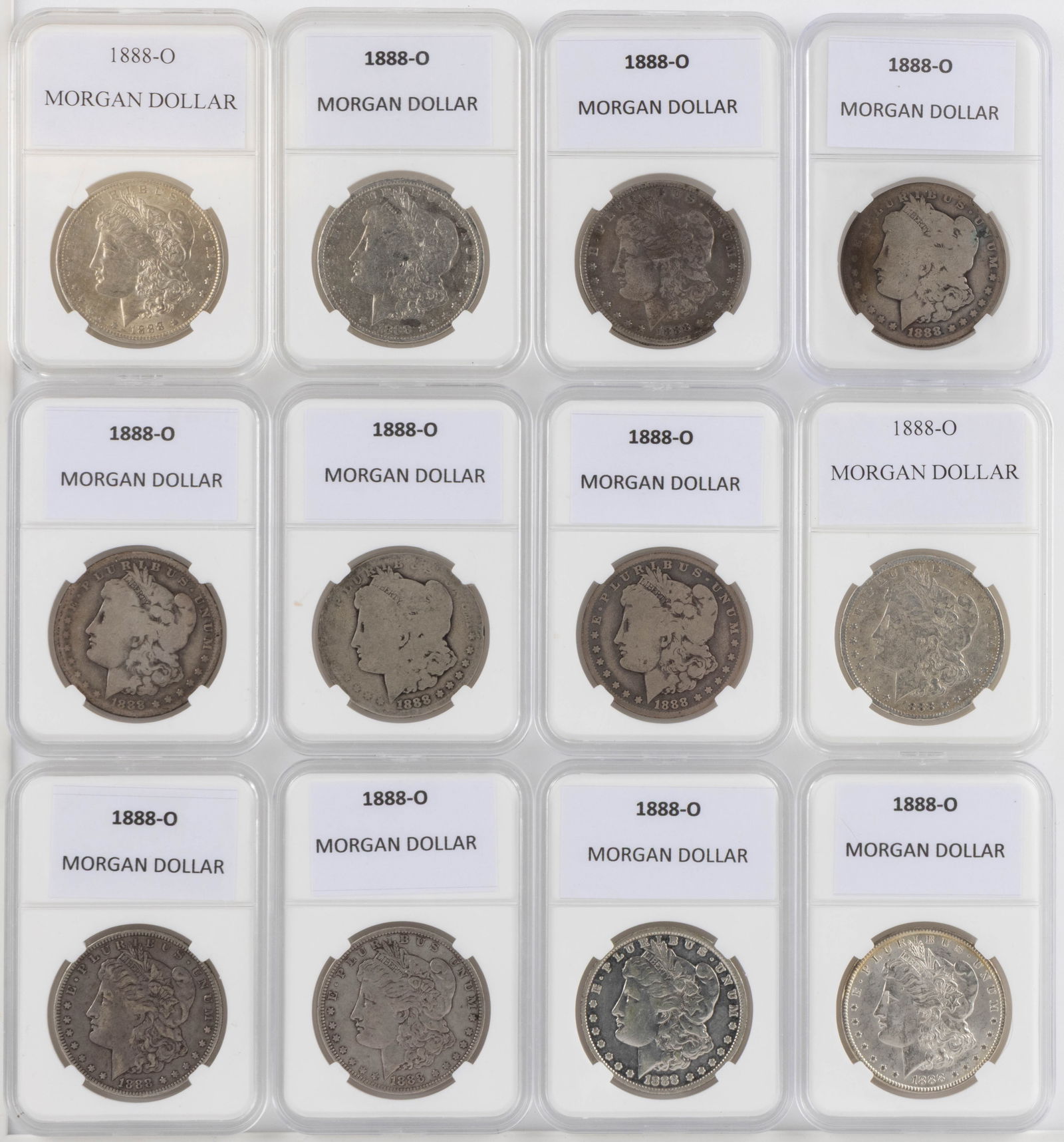 UNITED STATES 1888-O MORGAN SILVER DOLLAR COINS, LOT OF 12 (1 of 2)