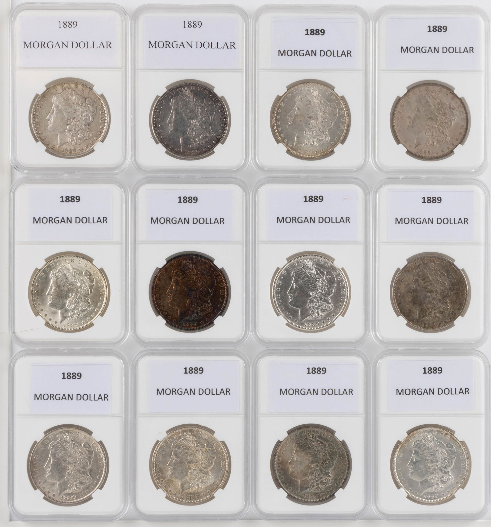 UNITED STATES 1889 MORGAN SILVER DOLLAR COINS, LOT OF 12 (1 of 2)