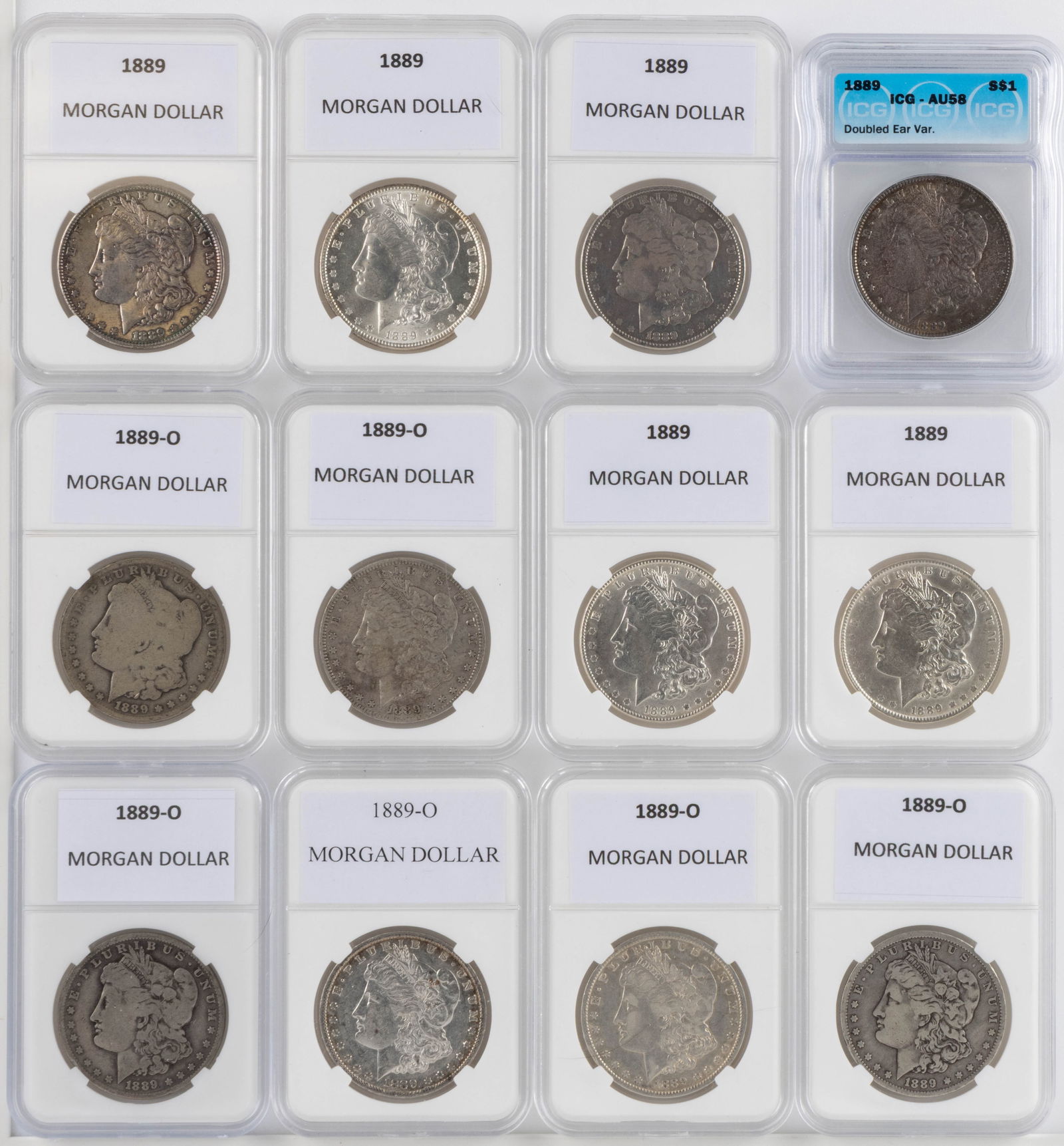ASSORTED UNITED STATES 1889 MORGAN SILVER DOLLAR COINS, LOT OF 12 (1 of 2)