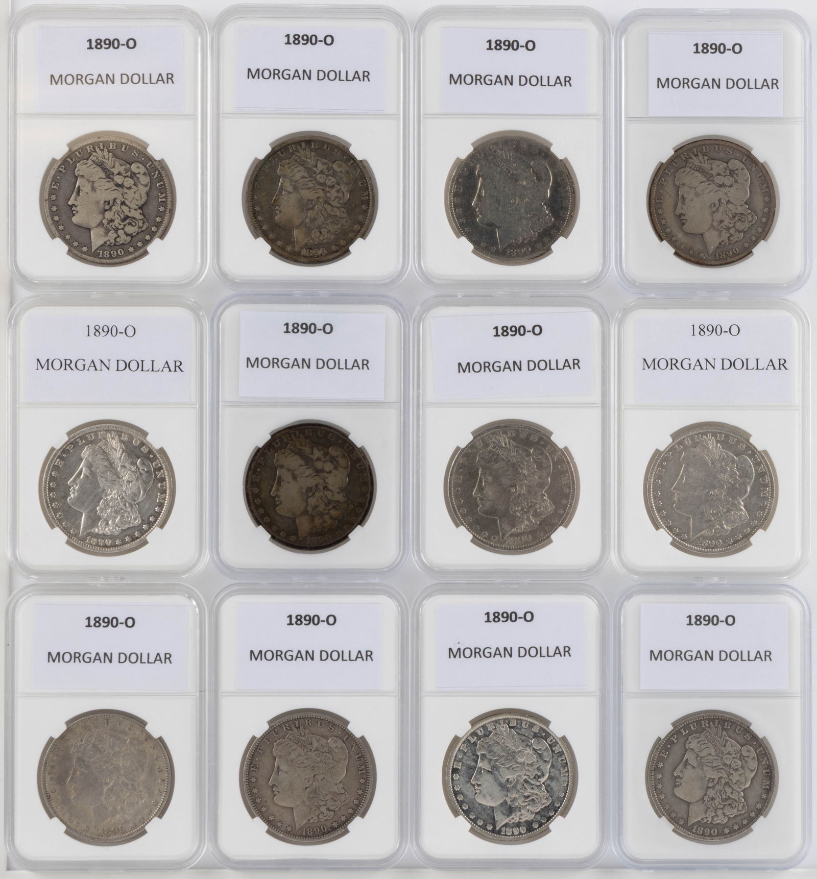 UNITED STATES 1890-O MORGAN SILVER DOLLAR COINS, LOT OF 12 (1 of 2)
