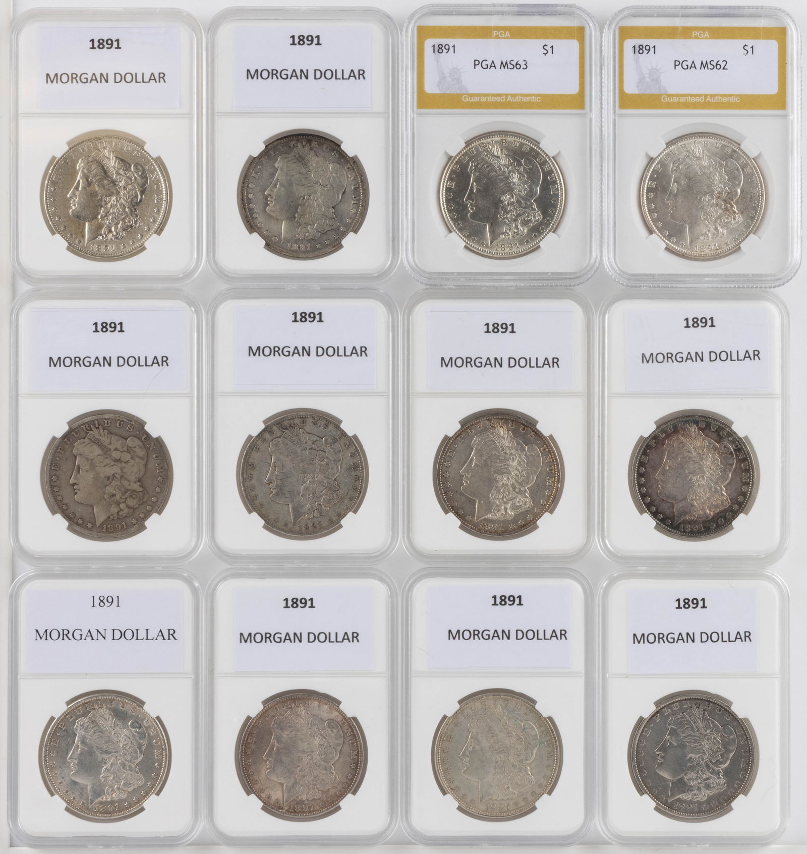 UNITED STATES 1891 MORGAN SILVER DOLLAR COINS, LOT OF 12 (1 of 2)