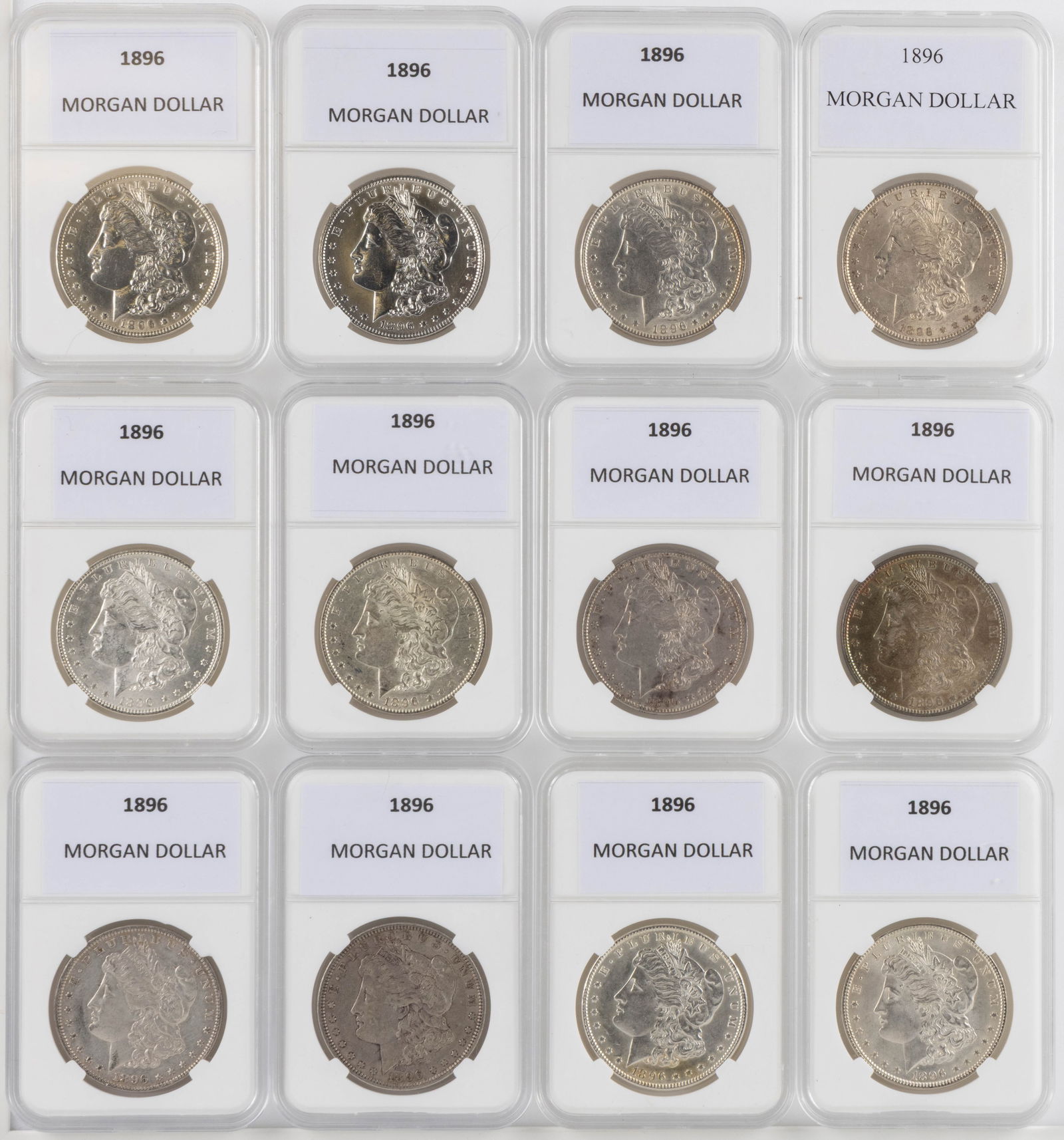 UNITED STATES 1896 MORGAN SILVER DOLLAR COINS, LOT OF 12: UNITED STATES 1896 MORGAN SILVER DOLLAR COINS, LOT OF 12, each housed in a plastic presentation case. Provenance: From the collection of a prominent Northern VA gentleman.