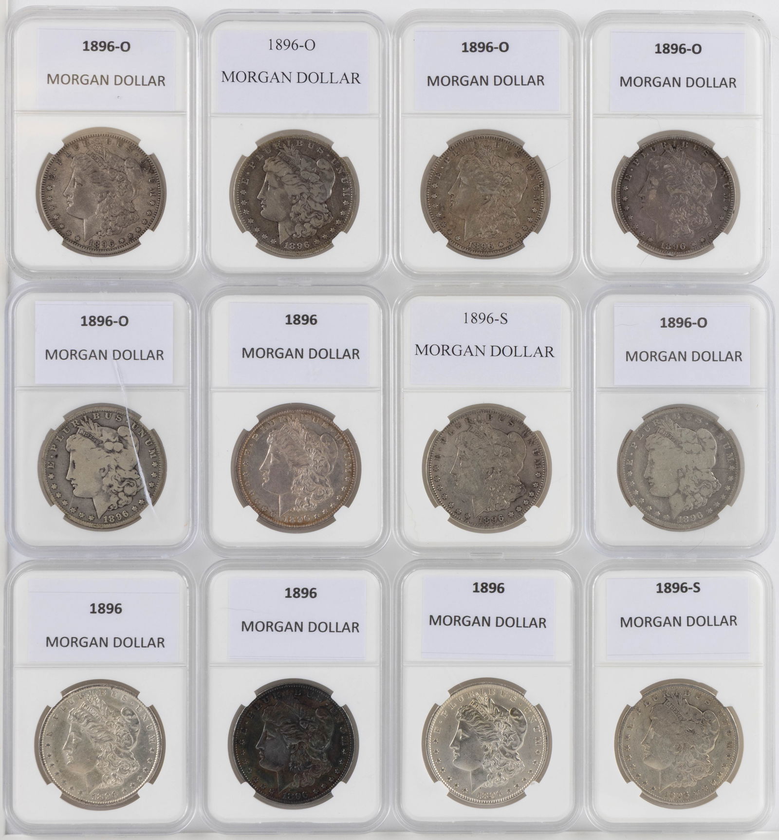 ASSORTED UNITED STATES 1896 MORGAN SILVER DOLLAR COINS, LOT OF 12 (1 of 2)