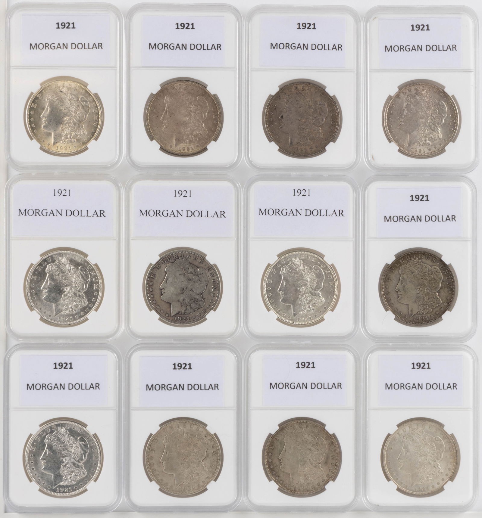 UNITED STATES 1921 MORGAN SILVER DOLLAR COINS, LOT OF 12 (1 of 2)