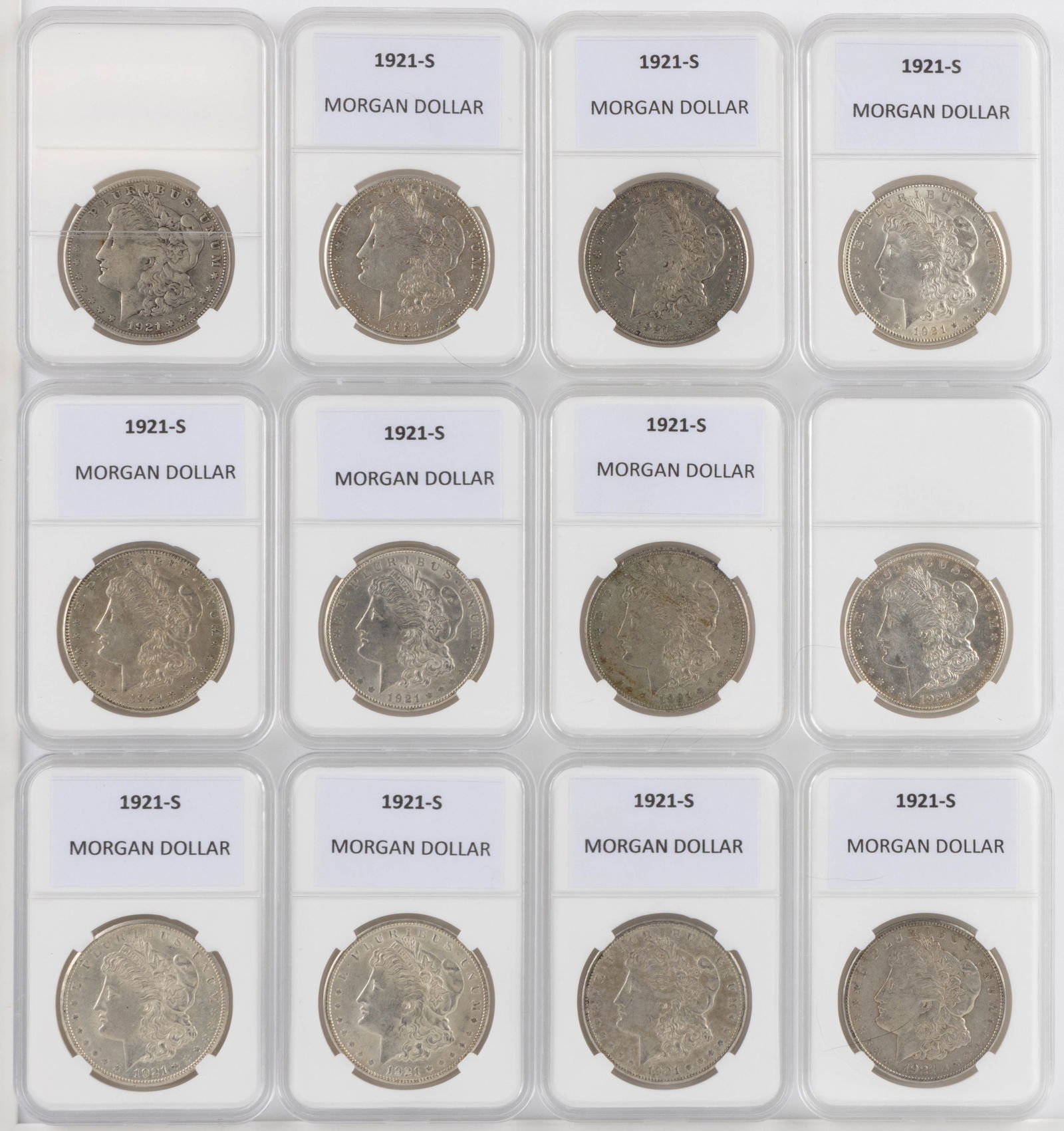UNITED STATES 1921-S MORGAN SILVER DOLLAR COINS, LOT OF 12 (1 of 2)