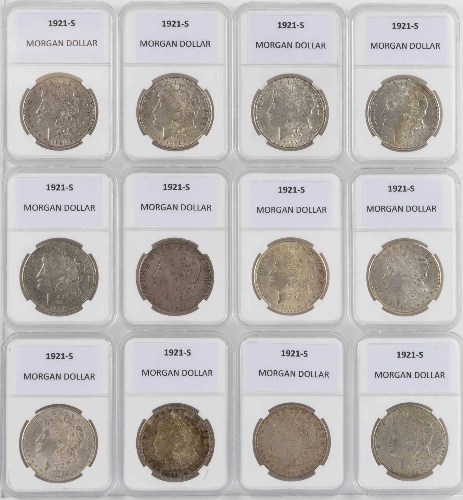 UNITED STATES 1921-S MORGAN SILVER DOLLAR COINS, LOT OF 12 (1 of 2)