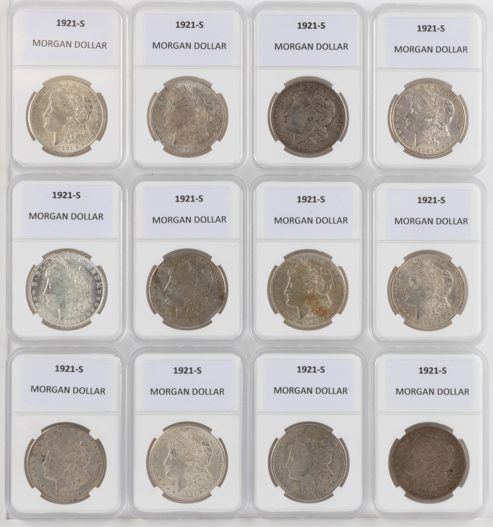UNITED STATES 1921-S MORGAN SILVER DOLLAR COINS, LOT OF 12 (1 of 2)