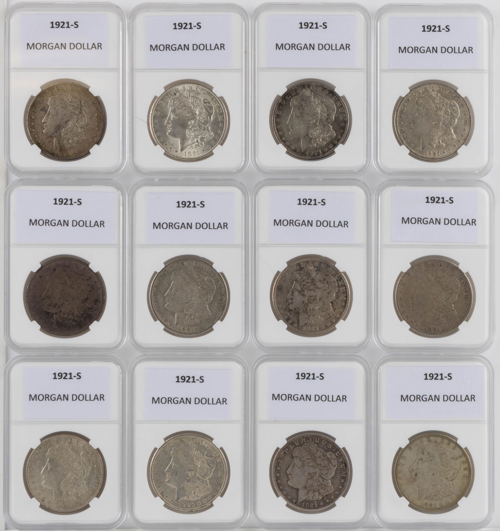 UNITED STATES 1921-S MORGAN SILVER DOLLAR COINS, LOT OF 12 (1 of 2)