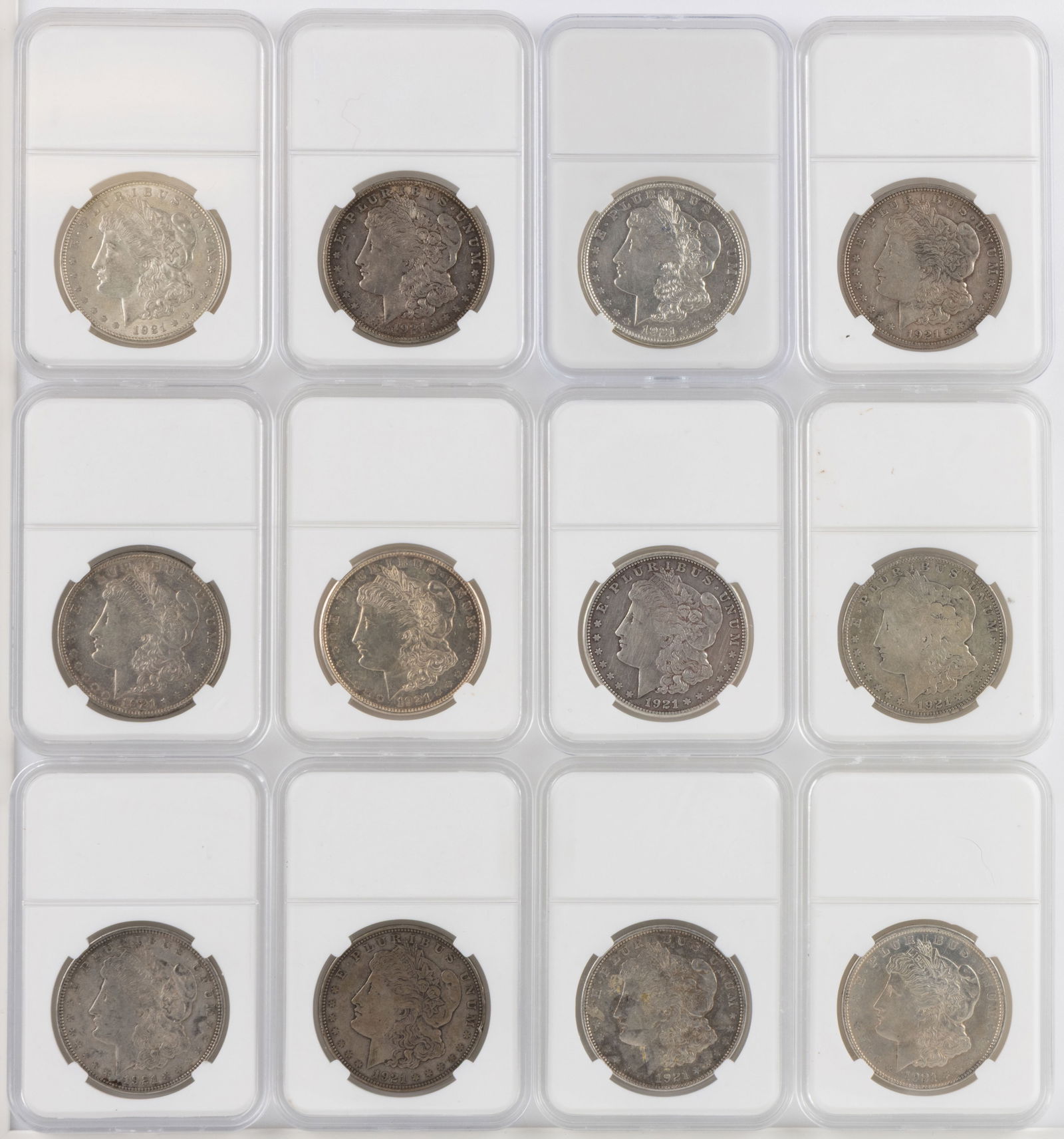 UNITED STATES 1921-D MORGAN SILVER DOLLAR COINS, LOT OF 12 (1 of 2)