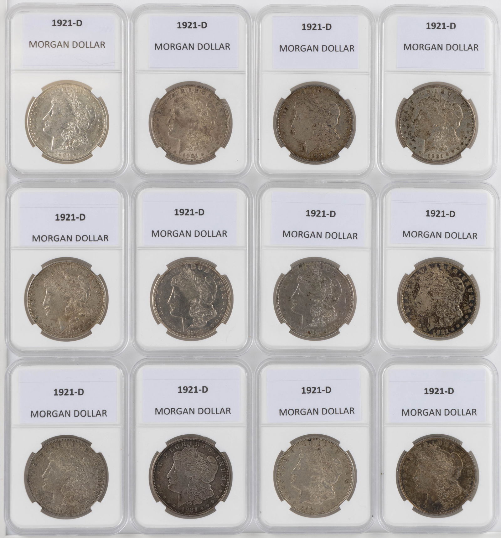 UNITED STATES 1921-D MORGAN SILVER DOLLAR COINS, LOT OF 12 (1 of 2)