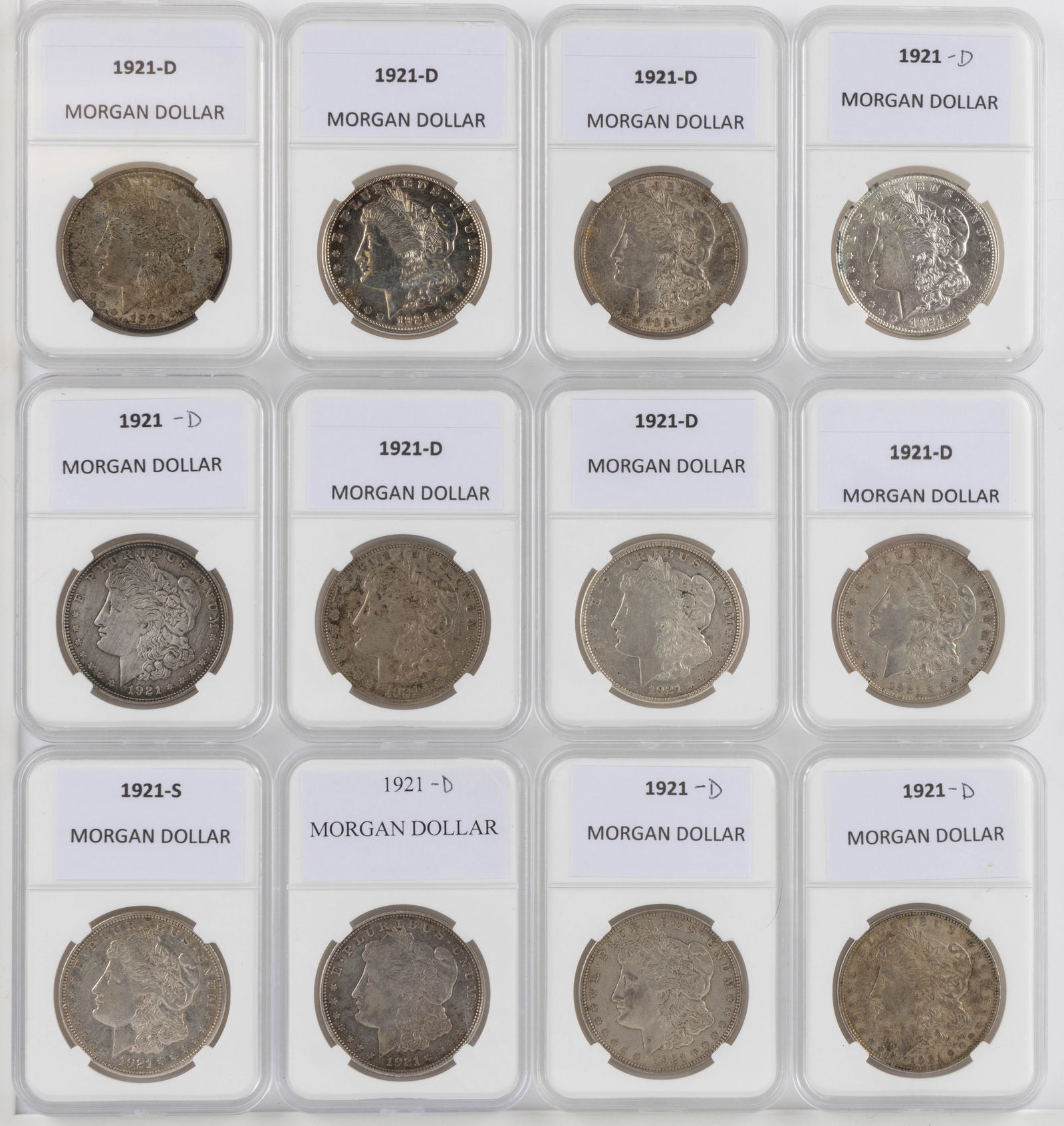 UNITED STATES 1921-D MORGAN SILVER DOLLAR COINS, LOT OF 12 (1 of 2)