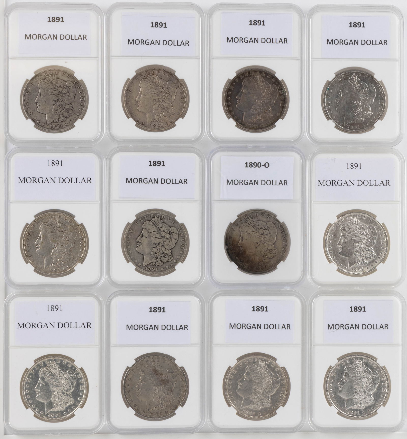 ASSORTED UNITED STATES MORGAN SILVER DOLLAR COINS, LOT OF 12 (1 of 2)
