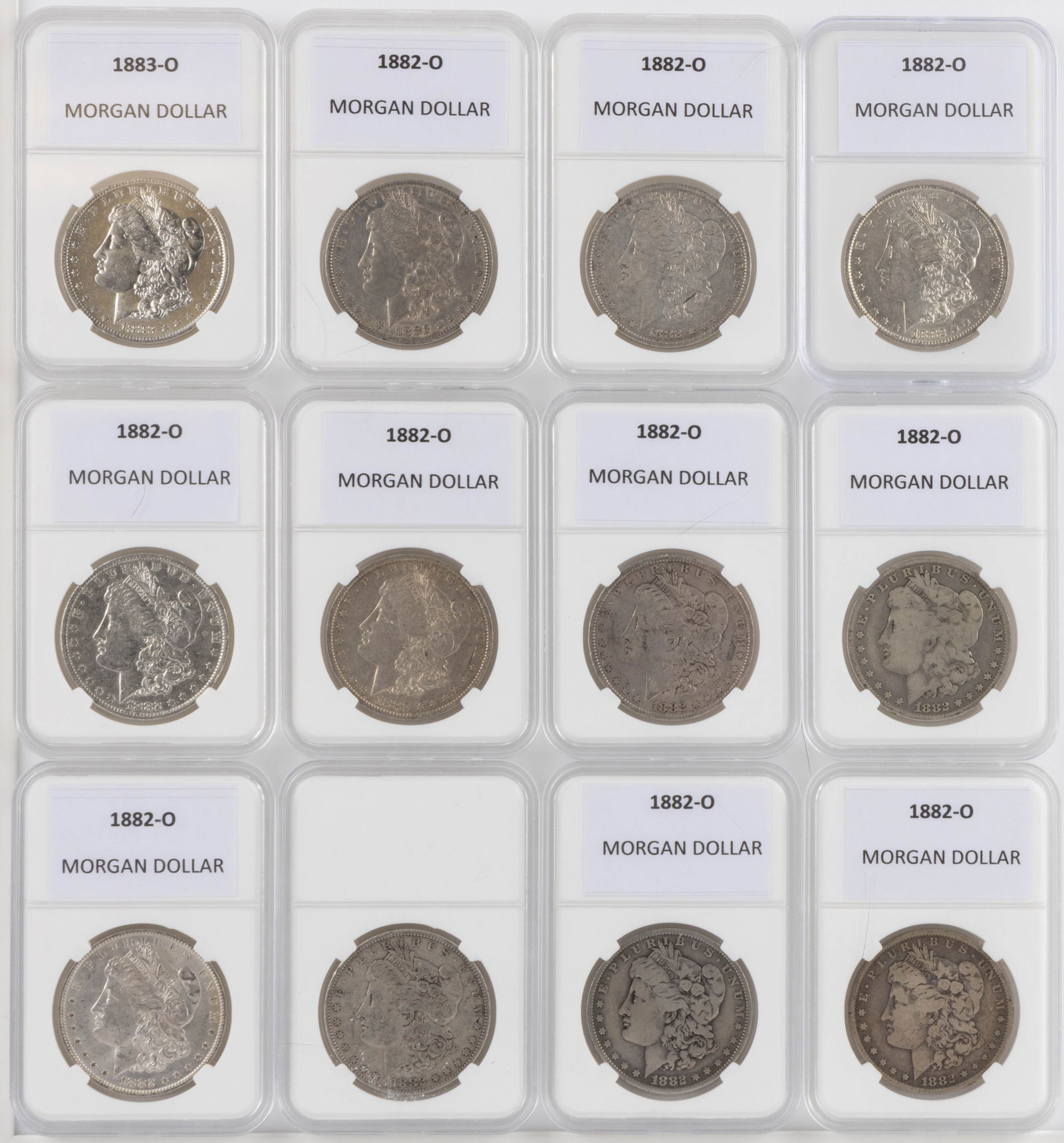 ASSORTED UNITED STATES MORGAN SILVER DOLLAR COINS, LOT OF 12 (1 of 2)