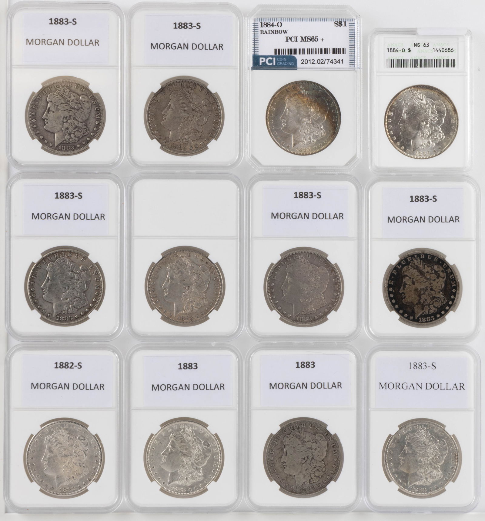 ASSORTED UNITED STATES MORGAN SILVER DOLLAR COINS, LOT OF 12 (1 of 2)