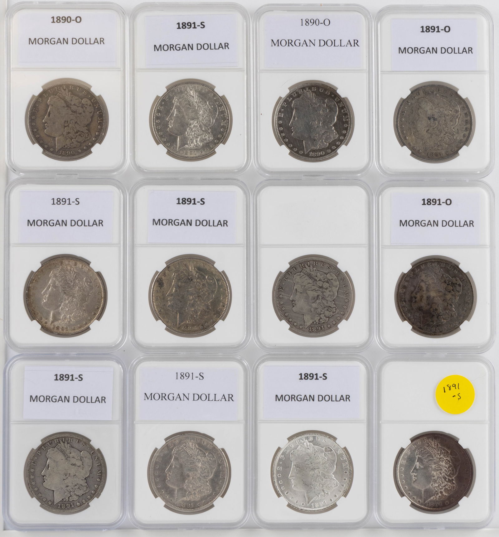 ASSORTED UNITED STATES MORGAN SILVER DOLLAR COINS, LOT OF 12 (1 of 2)